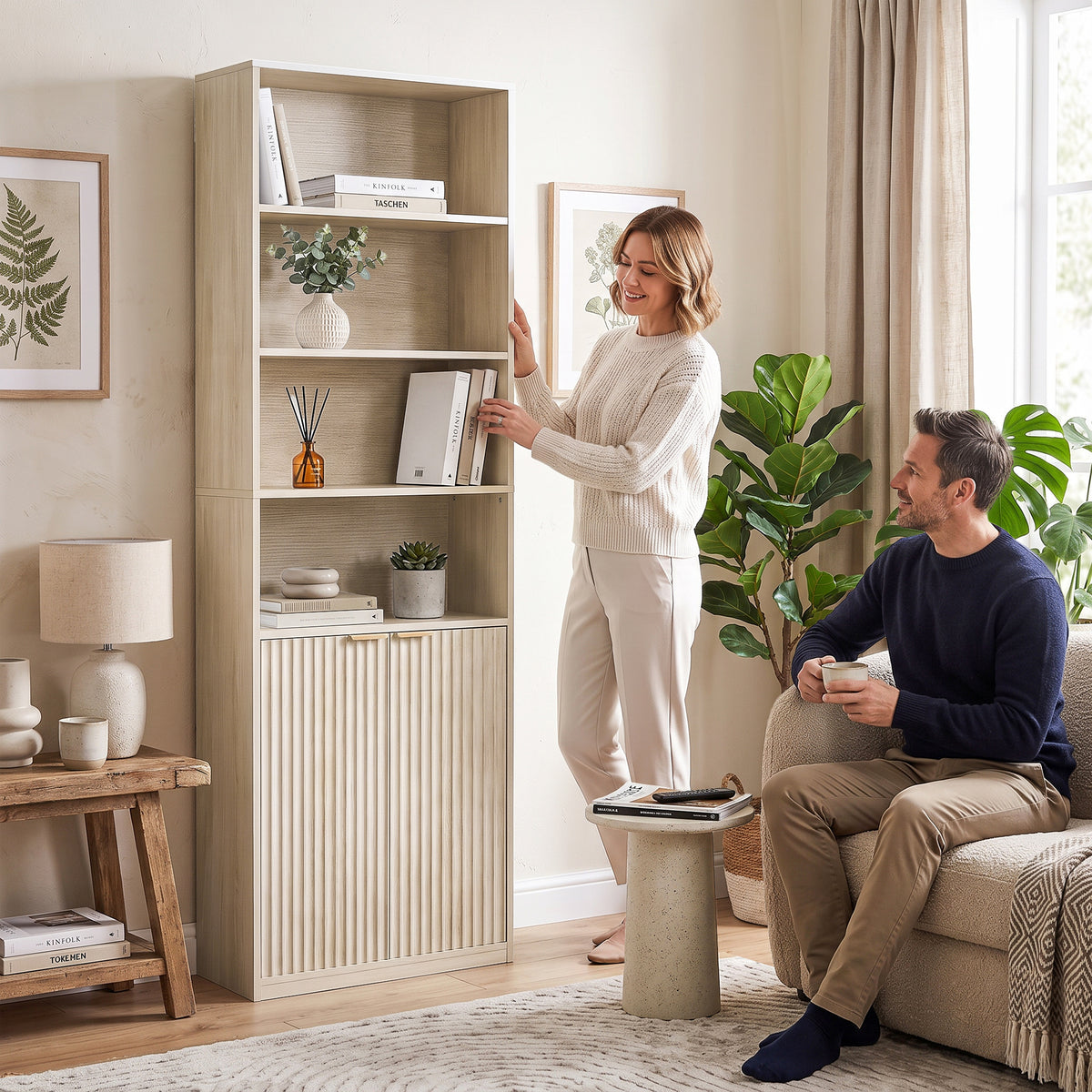 Slim Bookcase, 6-Tier Tall Bookshelf, Freestanding Shelving Unit with Cabinet, Adjustable Shelf, 60 x 24 x 182 cm for Living Room, Study, Home Office, Oak Wood Effect