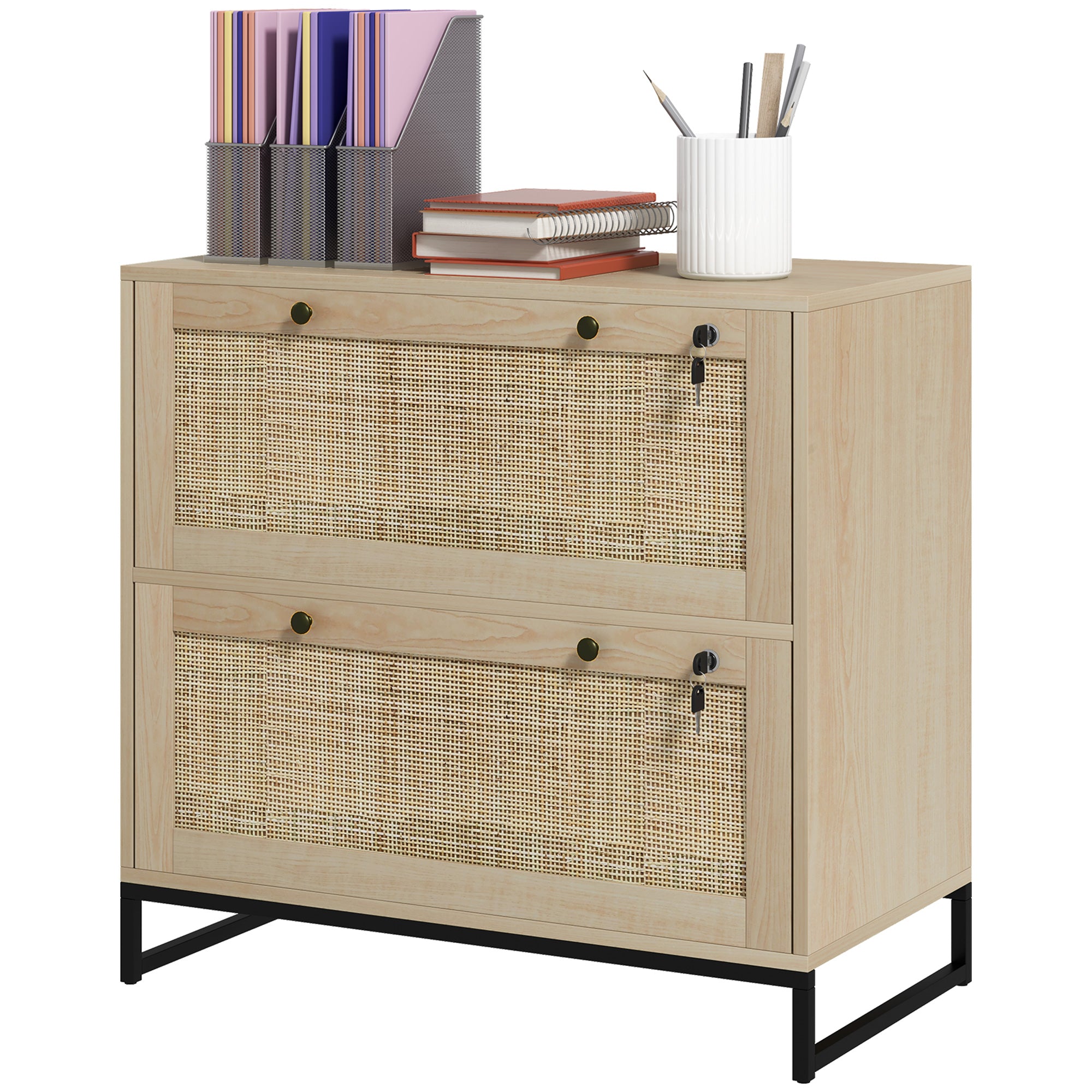 Vinsetto 2-Drawer Filing Cabinet with Lock, Rattan File Cabinet with Adjustable Hanging Bar for Letters, A4 and Legal Size Papers, Natural