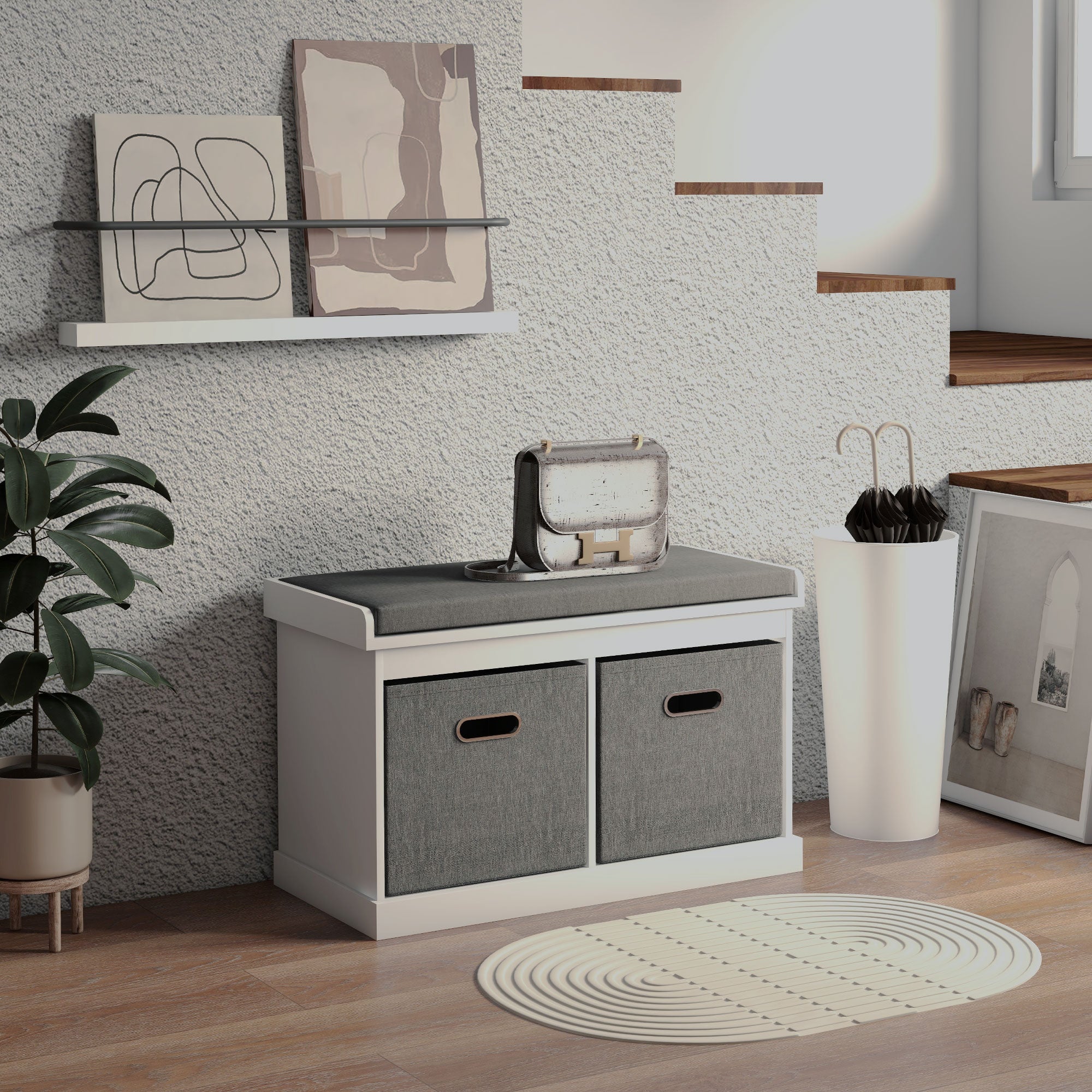HOMCOM Shoe Bench with Seat, Entryway Bench with Cushion and 2 Fabric Drawers, Shoe Storage Bench for Hallway, Living Room, Bedroom, White