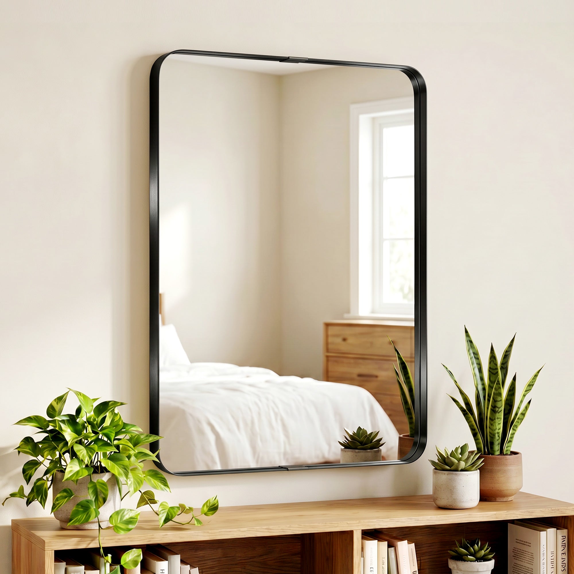 Rectangular Wall Mirror, 90 x 60 cm Wall Mounted Bathroom Mirror with Aluminium Alloy Frame and Tempered Glass for Hallway, Living Room, Bedroom, Black