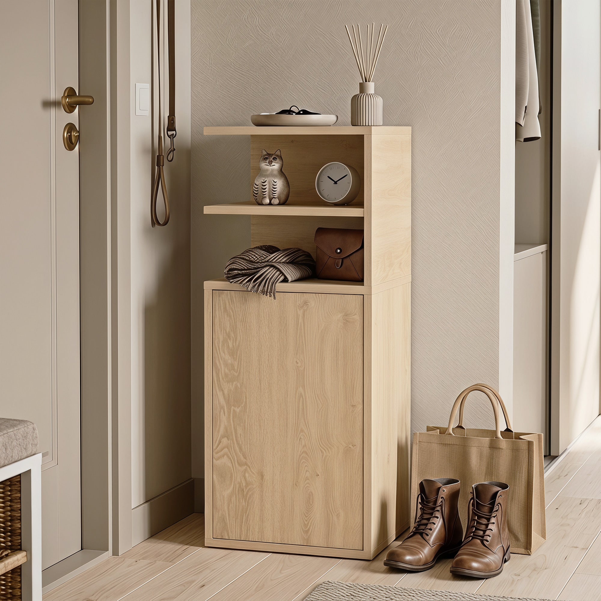 Slim Bedside Table Set of 2, Narrow Bedside Cabinet with Open Cubbies and Cupboard, Side End Table for Bedroom Living Room Compact Nooks, 30 x 25 x 60 cm, Oak