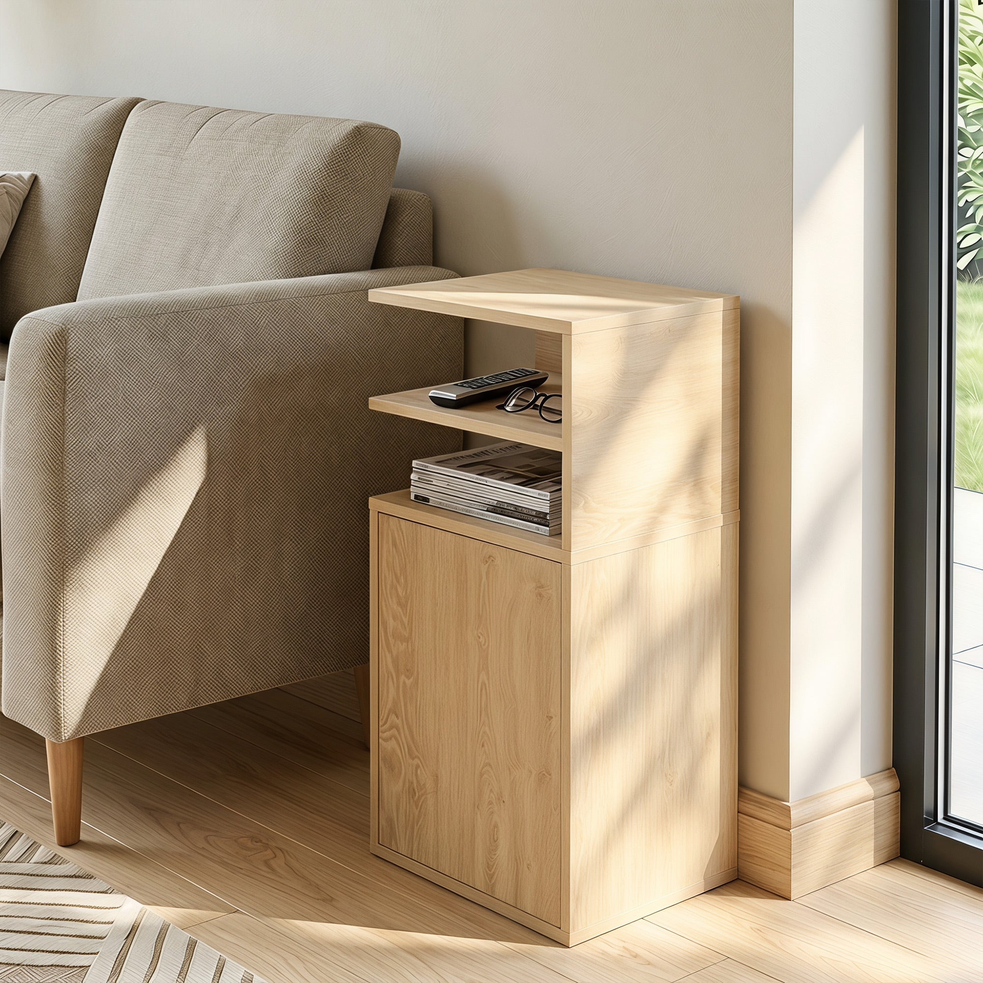 Slim Bedside Table Set of 2, Narrow Bedside Cabinet with Open Cubbies and Cupboard, Side End Table for Bedroom Living Room Compact Nooks, 30 x 25 x 60 cm, Oak