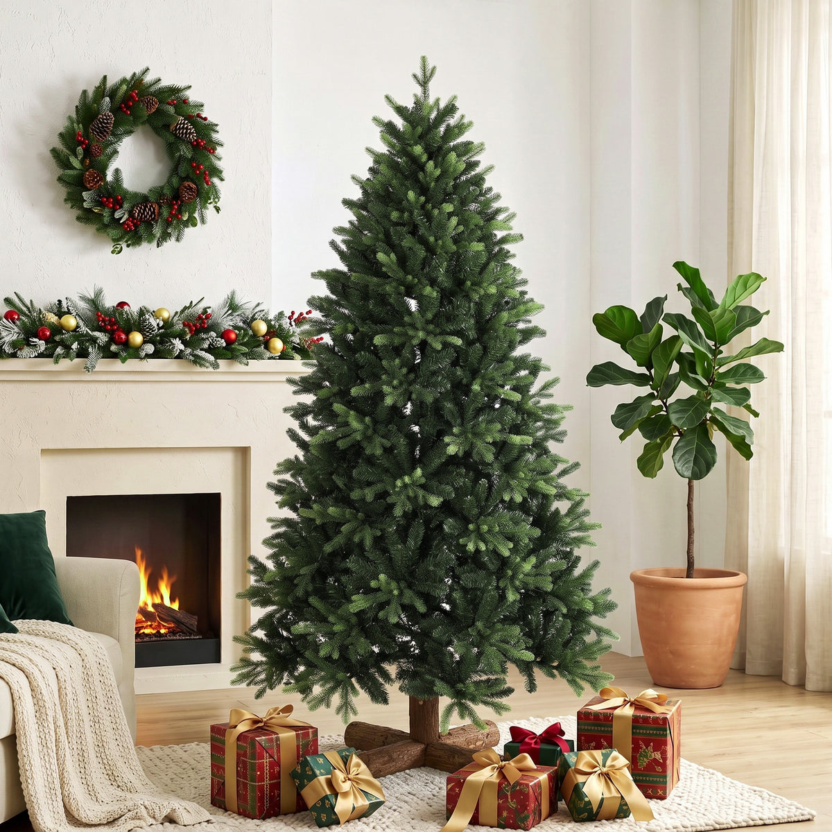6ft Artificial Christmas Tree, Hinged Xmas Tree with 2419 PE & PVC Branch Tips, Solid Fir Wood Stand, Auto Open for Home Office Holiday Decoration, Green