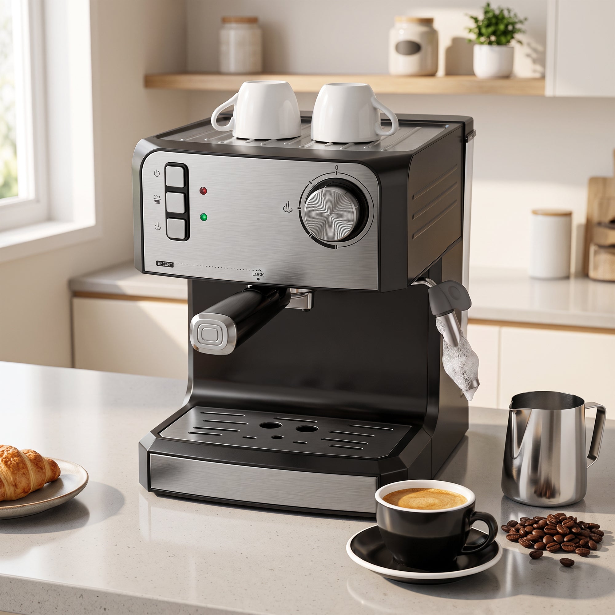 Espresso Machine with Milk Frother Wand, 1.6 L Water Tank, 850W Semi Automatic 20 Bar Coffee Machine, Latte and Cappuccino Maker with Double Shot, Hot Water, Cup Warming, Black and Silver
