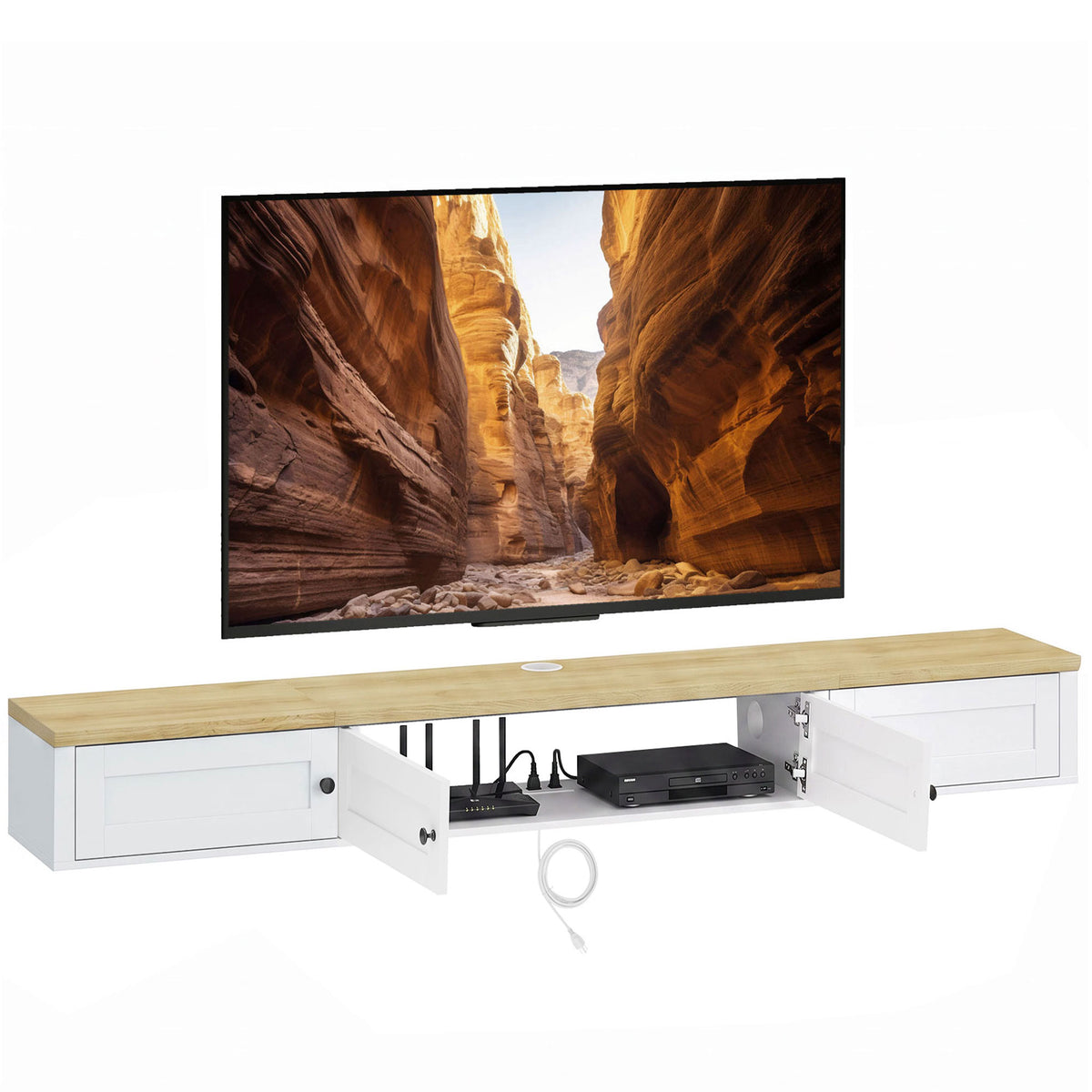Floating TV Stand for TVs up to 72 Inch, Modern Wall Mounted Media Console with Power Outlets, Entertainment Center with Storage Shelves for Living Room, Bedroom, White