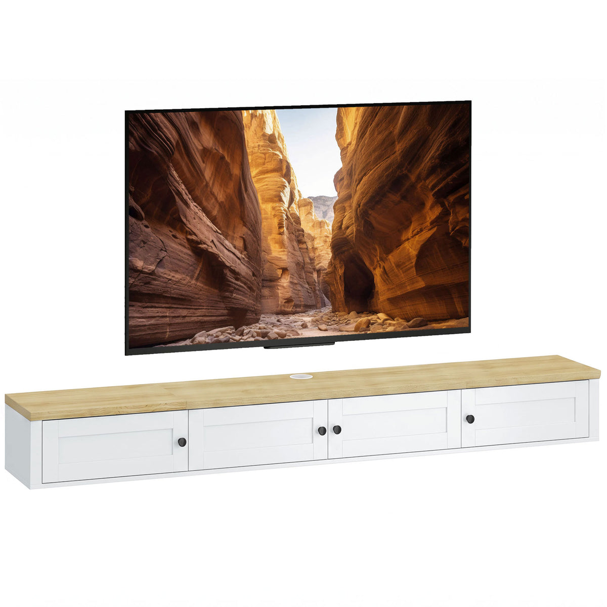 Floating TV Stand for TVs up to 72 Inch, Modern Wall Mounted Media Console with Power Outlets, Entertainment Center with Storage Shelves for Living Room, Bedroom, White
