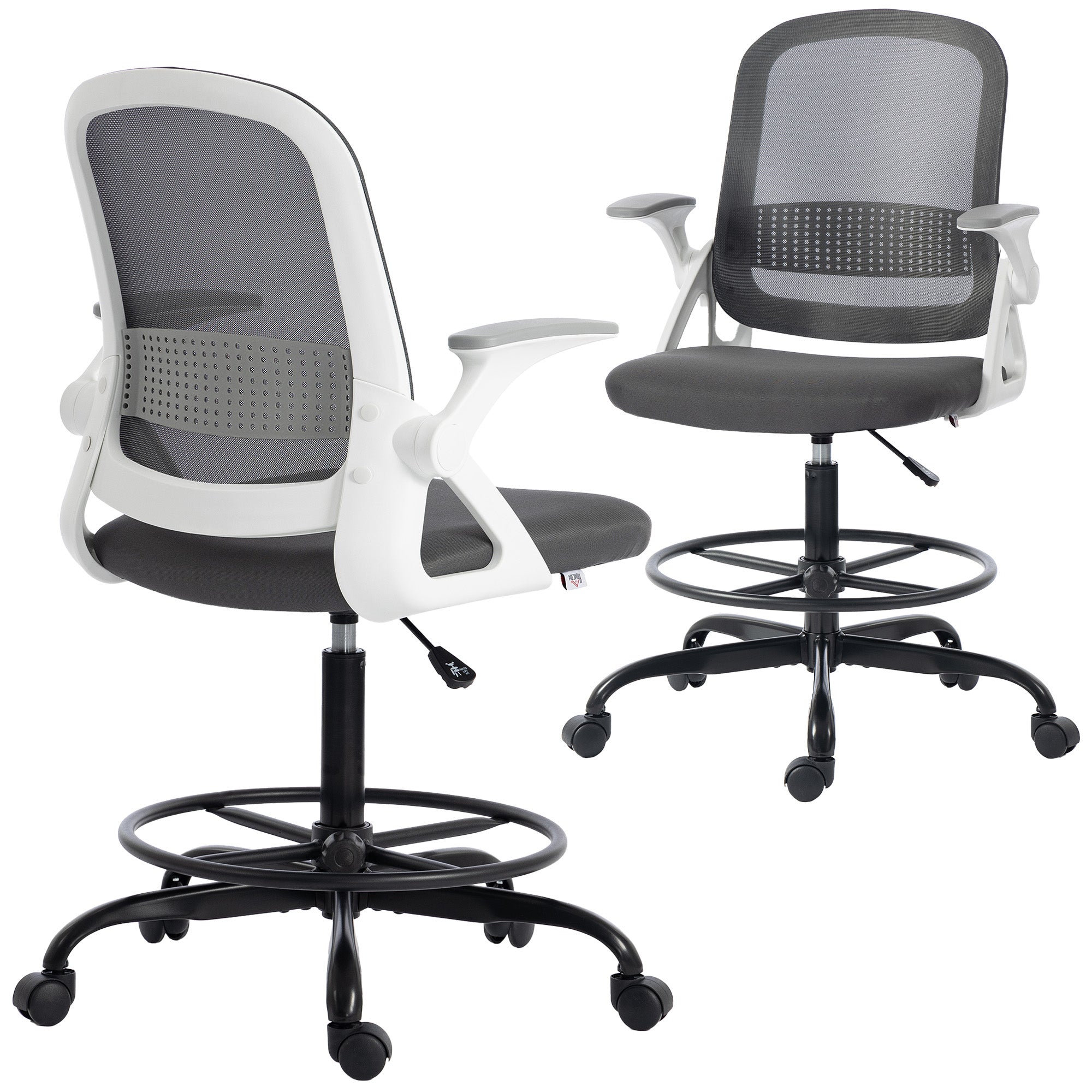 Drafting Chair, Mesh Standing Desk Chair with Flip-up Armrests, Adjustable Height and Footrest, Lumbar Support, Rolling Wheels for Home Office, Grey
