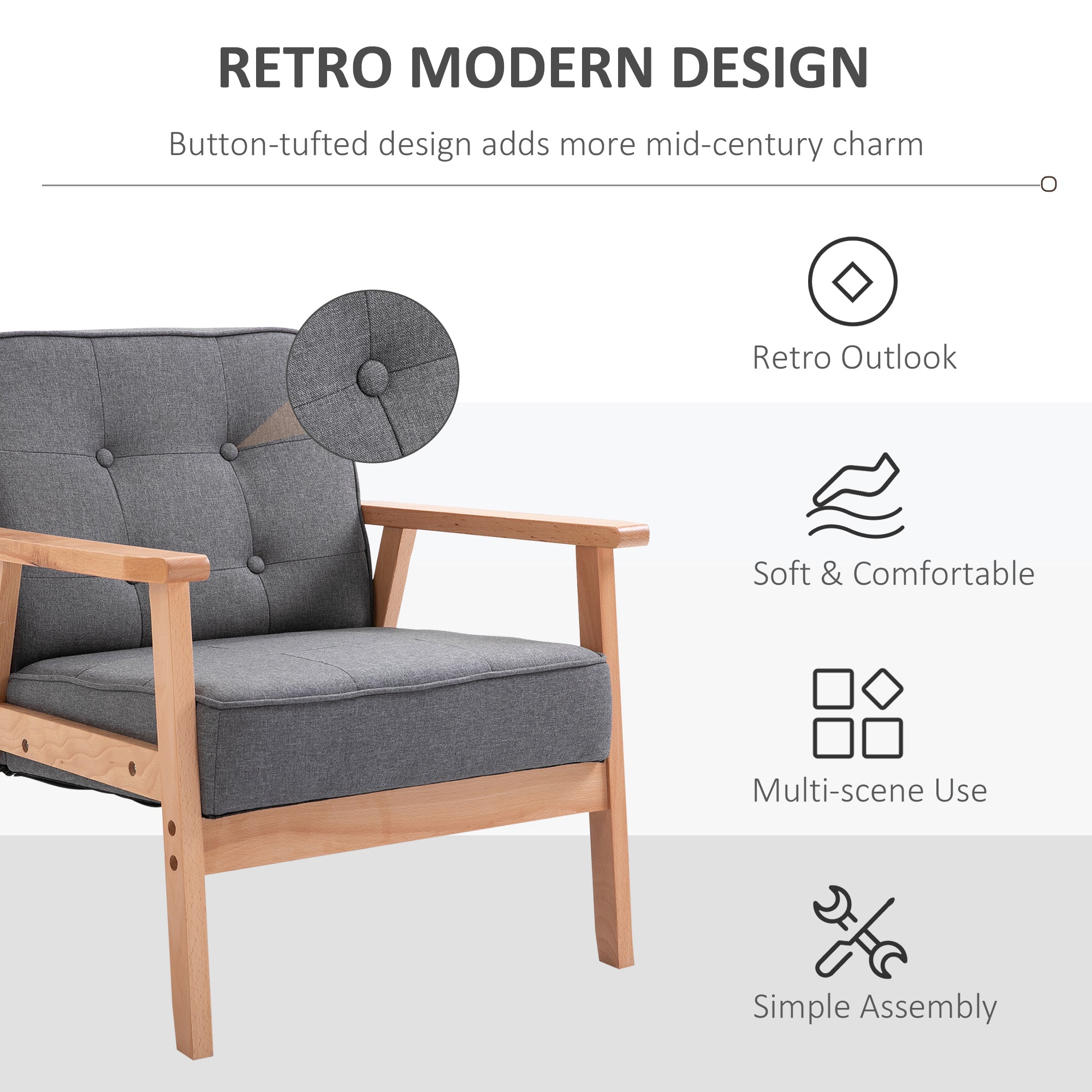 HOMCOM Accent Chair, Linen Fabric Armchair, Occasional Chair with Rubber Wood Frame for Living Room Reception Bedroom Balcony, Grey and Natural