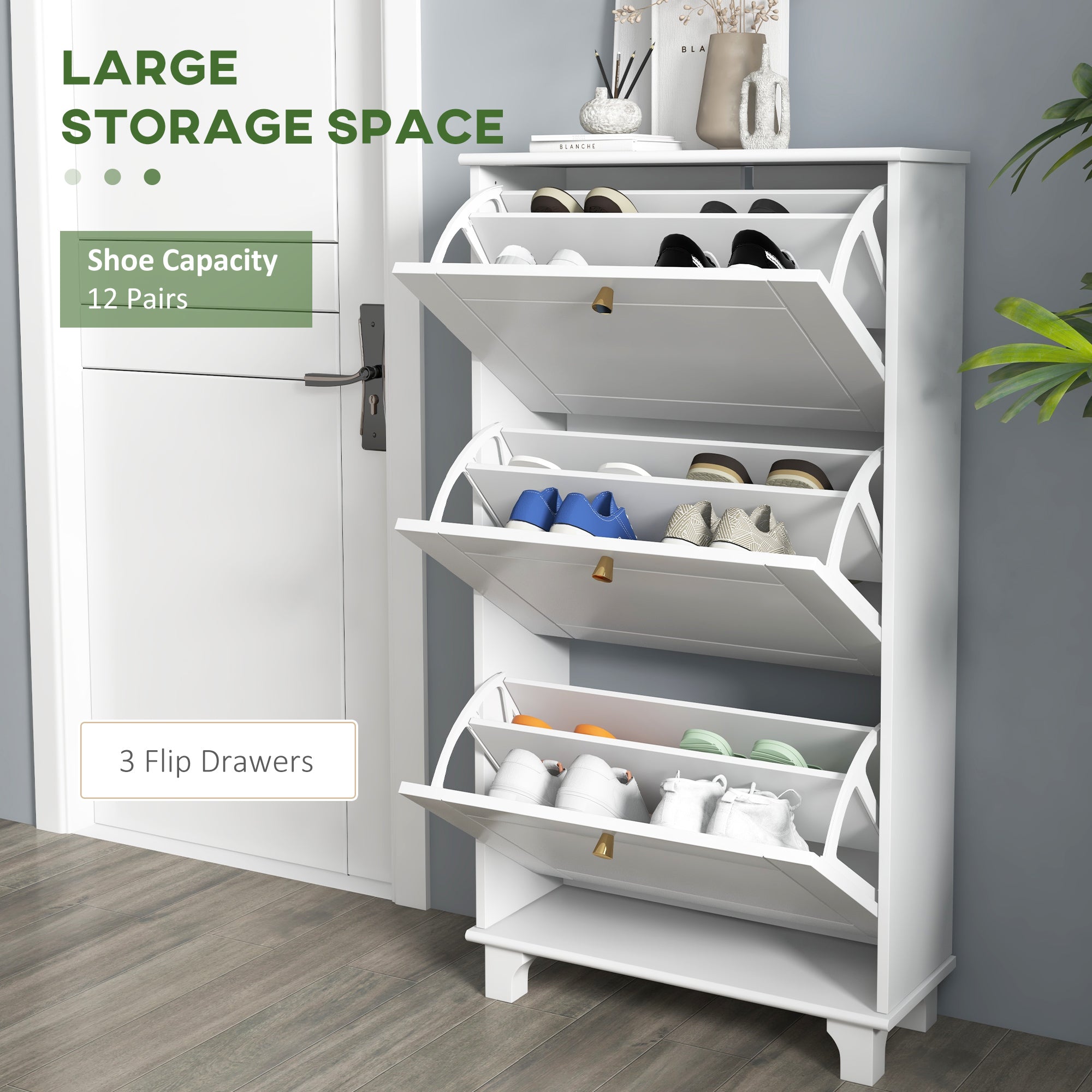 HOMCOM Narrow Shoe Cabinet with 3 Flip Drawers, Modern Shoe Storage Cabinet with Adjustable Shelves for Entryway, Hallway, Holds 12 Pairs of Shoes, White