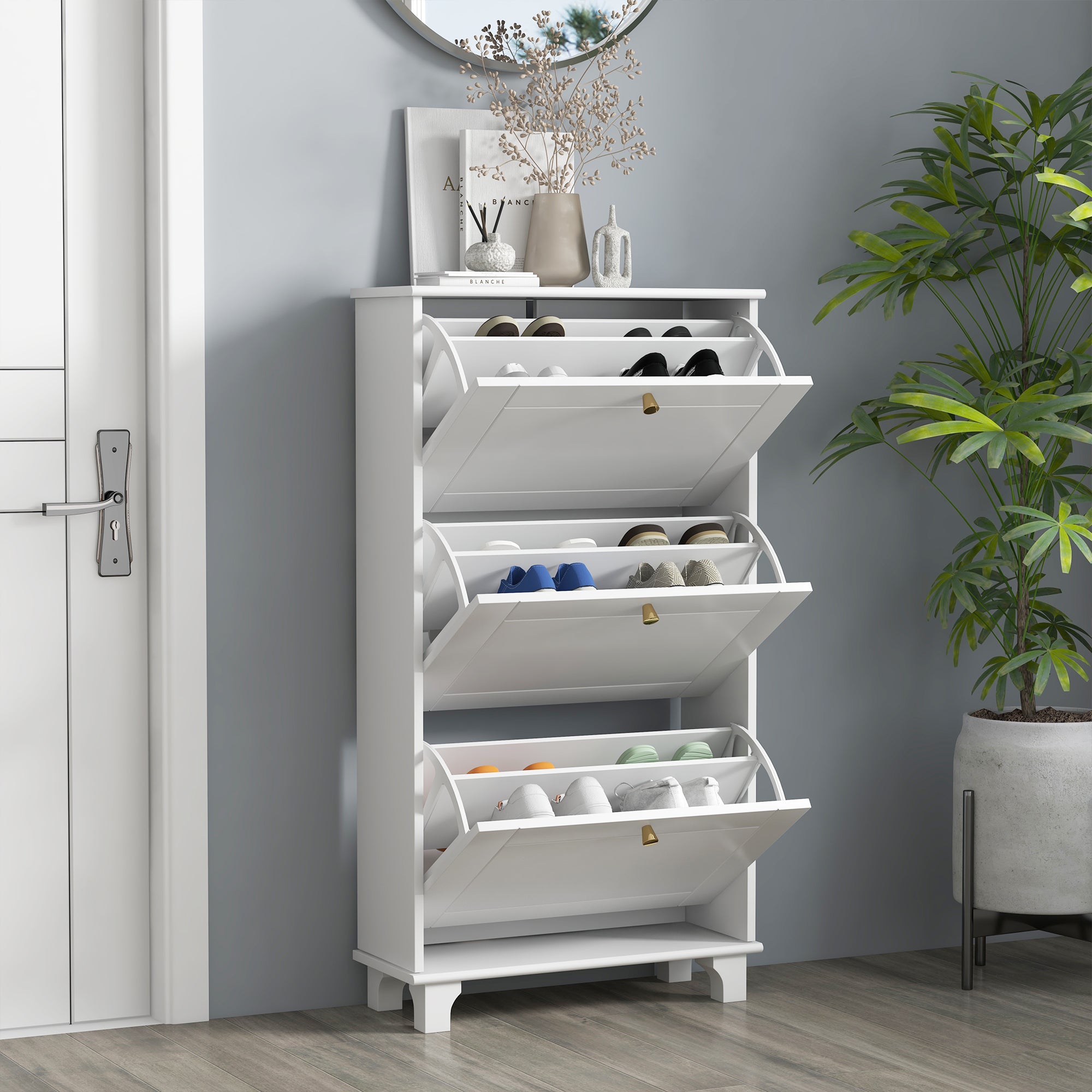 HOMCOM Narrow Shoe Cabinet with 3 Flip Drawers, Modern Shoe Storage Cabinet with Adjustable Shelves for Entryway, Hallway, Holds 12 Pairs of Shoes, White