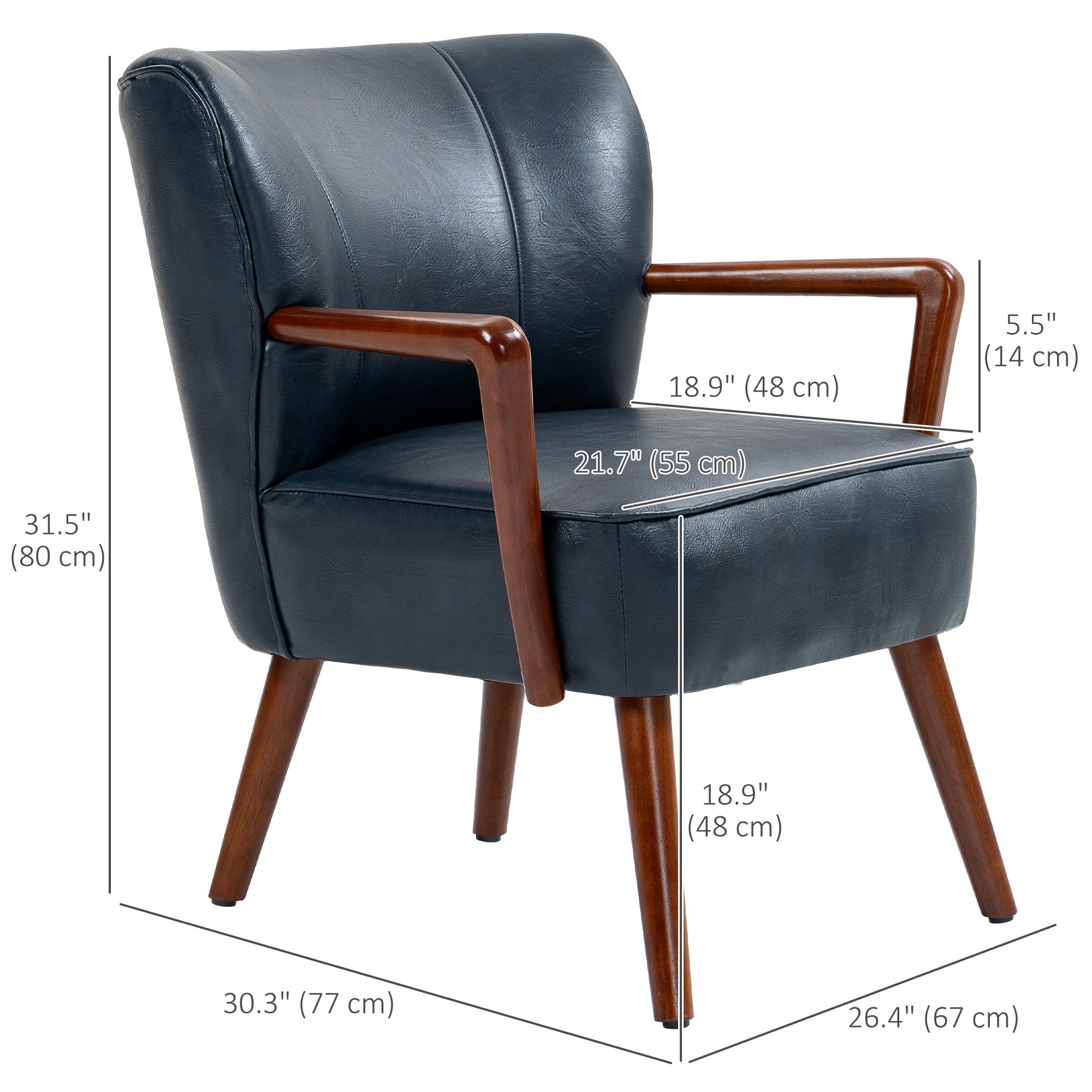 HOMCOM Modern Accent Chair, Upholstered Armchair, Faux Leather Living Room Chair with Wood Legs and Wide Padded Seat, Duke Deep Sea Blue