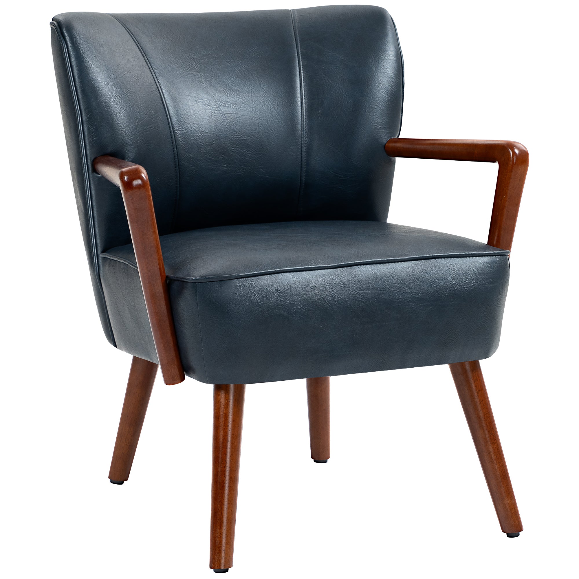 HOMCOM Modern Accent Chair, Upholstered Armchair, Faux Leather Living Room Chair with Wood Legs and Wide Padded Seat, Duke Deep Sea Blue