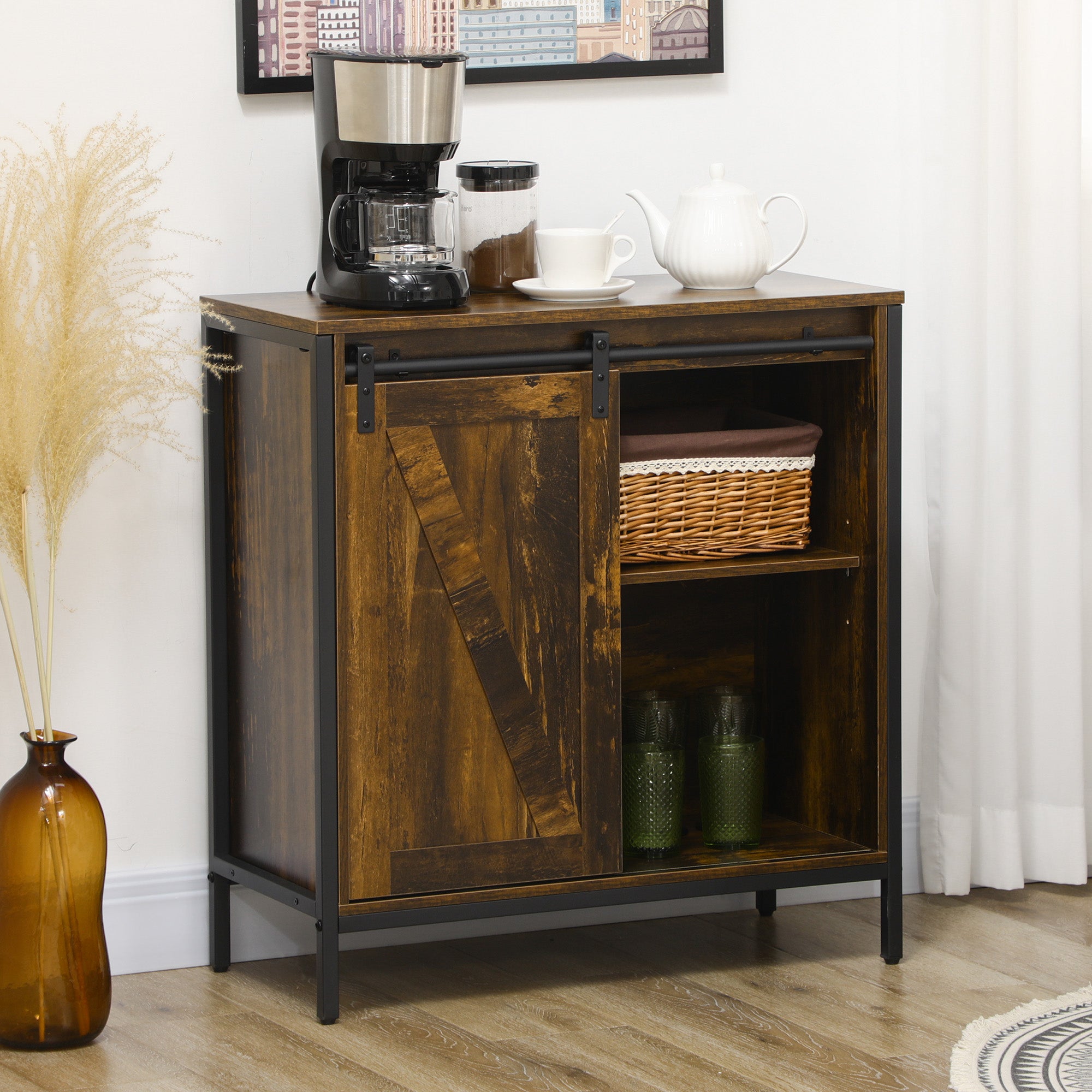 Buffet Cabinet Farmhouse Sideboard Bar Cabinet with Adjustable Shelf Sliding Barn Door Rustic Brown