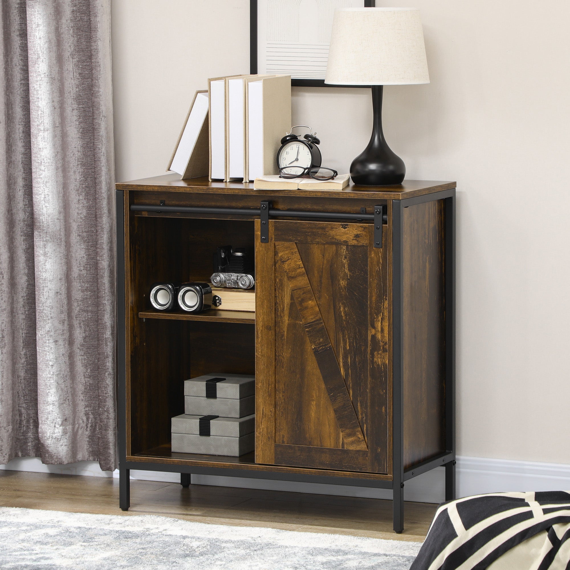 Buffet Cabinet Farmhouse Sideboard Bar Cabinet with Adjustable Shelf Sliding Barn Door Rustic Brown