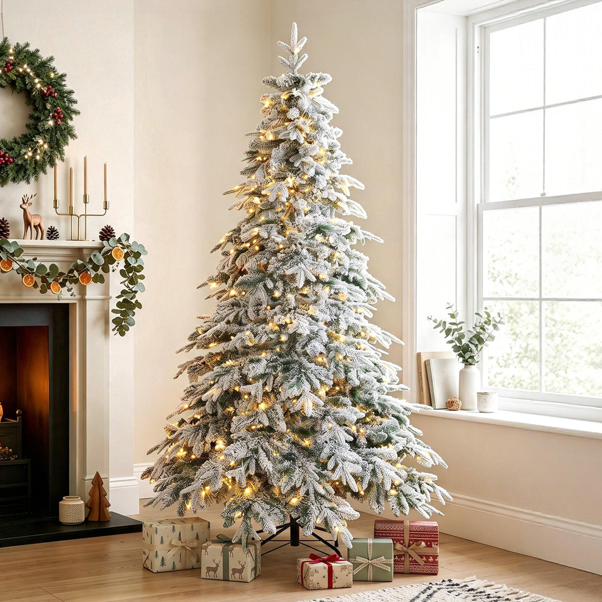 7ft Prelit Flocked Christmas Tree, Artificial Downswept Hinged Xmas Tree with 450 Warm White LED Lights, 8 Modes, Daily Timer, 1080 Tips, Remote, Steel Stand, Green White