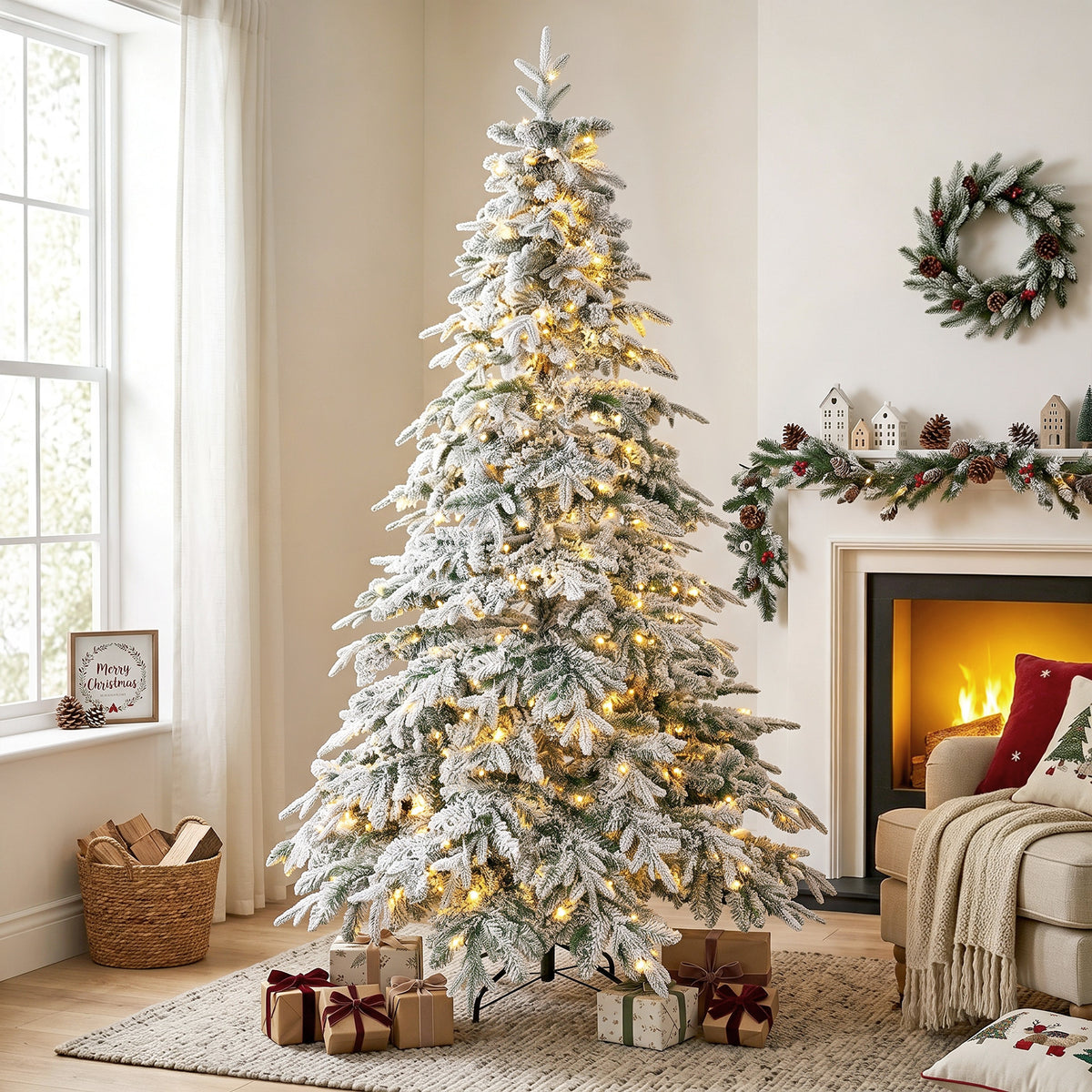 7ft Prelit Flocked Christmas Tree, Artificial Downswept Hinged Xmas Tree with 450 Warm White LED Lights, 8 Modes, Daily Timer, 1080 Tips, Remote, Steel Stand, Green White