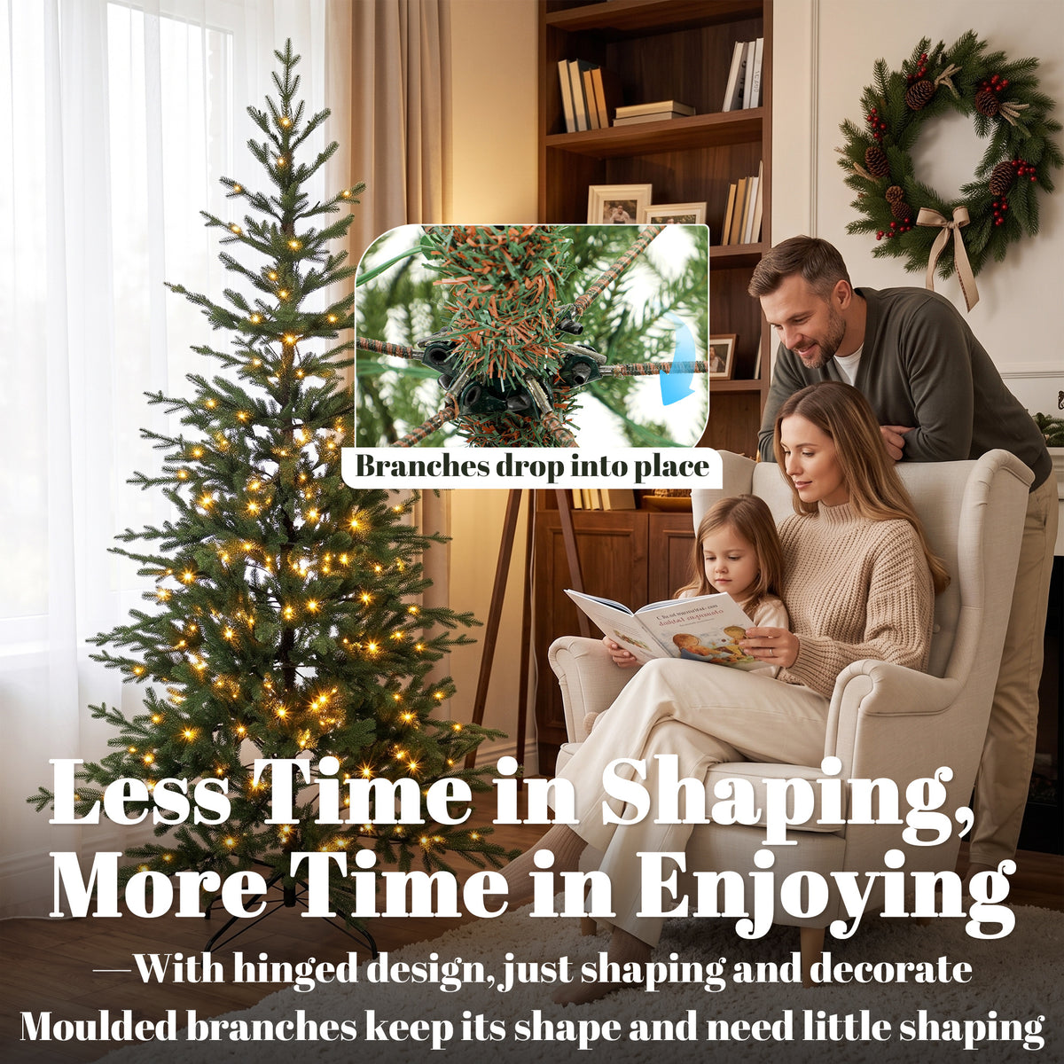 7ft Prelit Sparse Christmas Tree, Artificial Downswept Hinged Xmas Tree with 300 Warm White LED Lights, 8 Modes, 2517 Tips, Metal Stand, Green