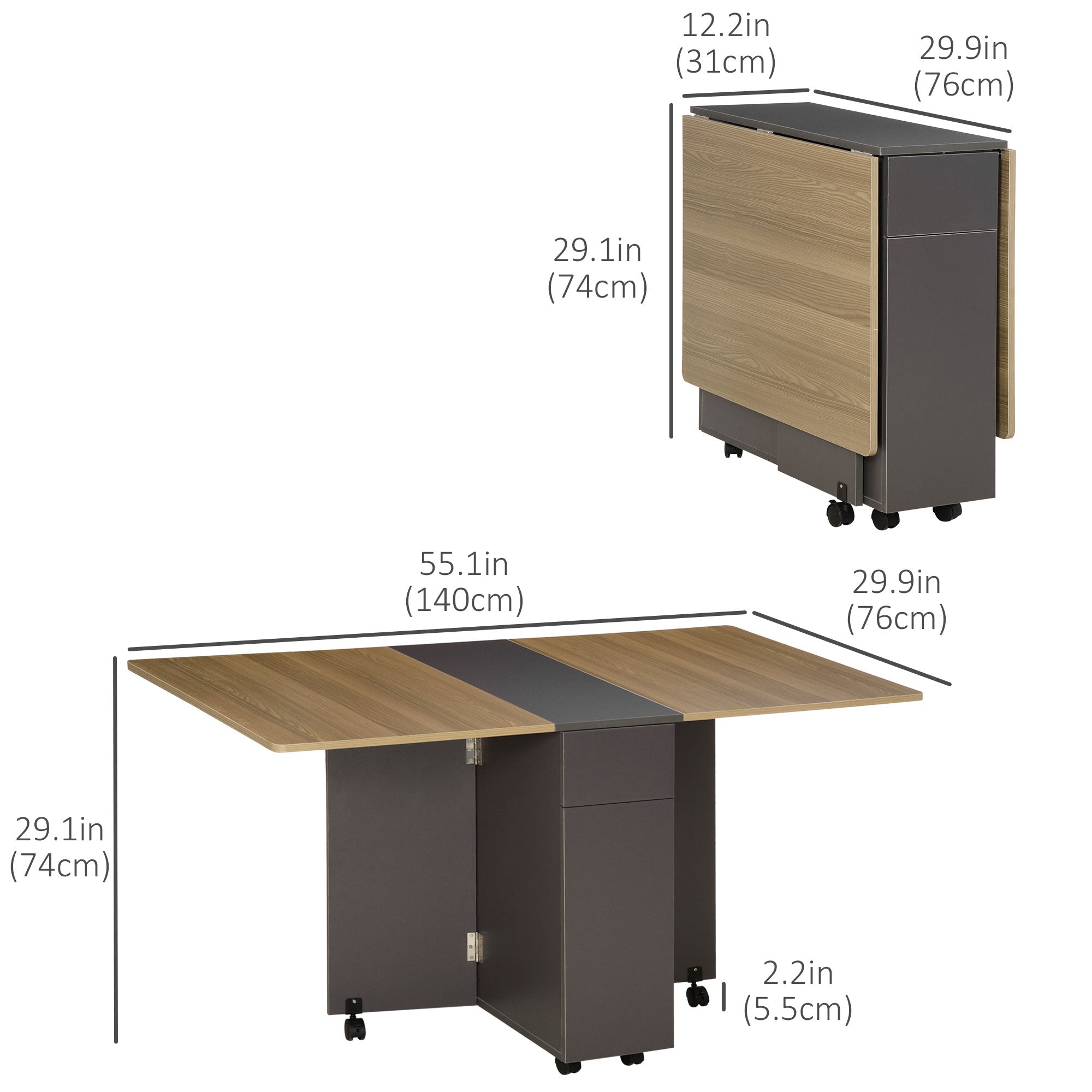 HOMCOM Folding Dining Table, Mobile Drop Leaf Kitchen Table with 2 Drawers, 2 Doors and Storage Cabinet, Foldable Dining Table with 6 Wheels for Small Spaces, Dining Room