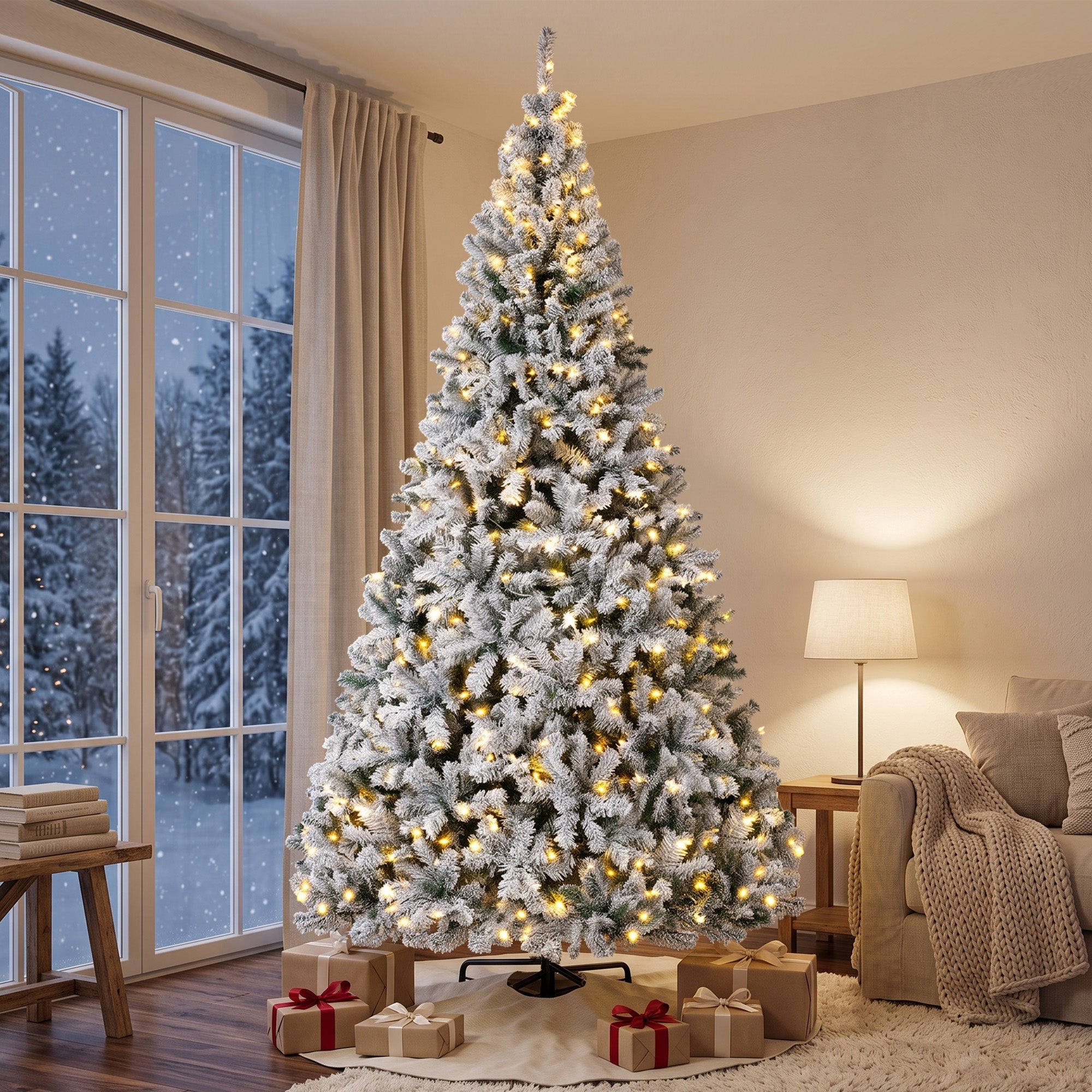 9ft Flocked Prelit Christmas Tree, Fraser Fir, Hinged Xmas Tree with 1852 Branch Tips, 600 Warm White LED Lights, Foldable Metal Base for Indoor Holiday Decor, Green White