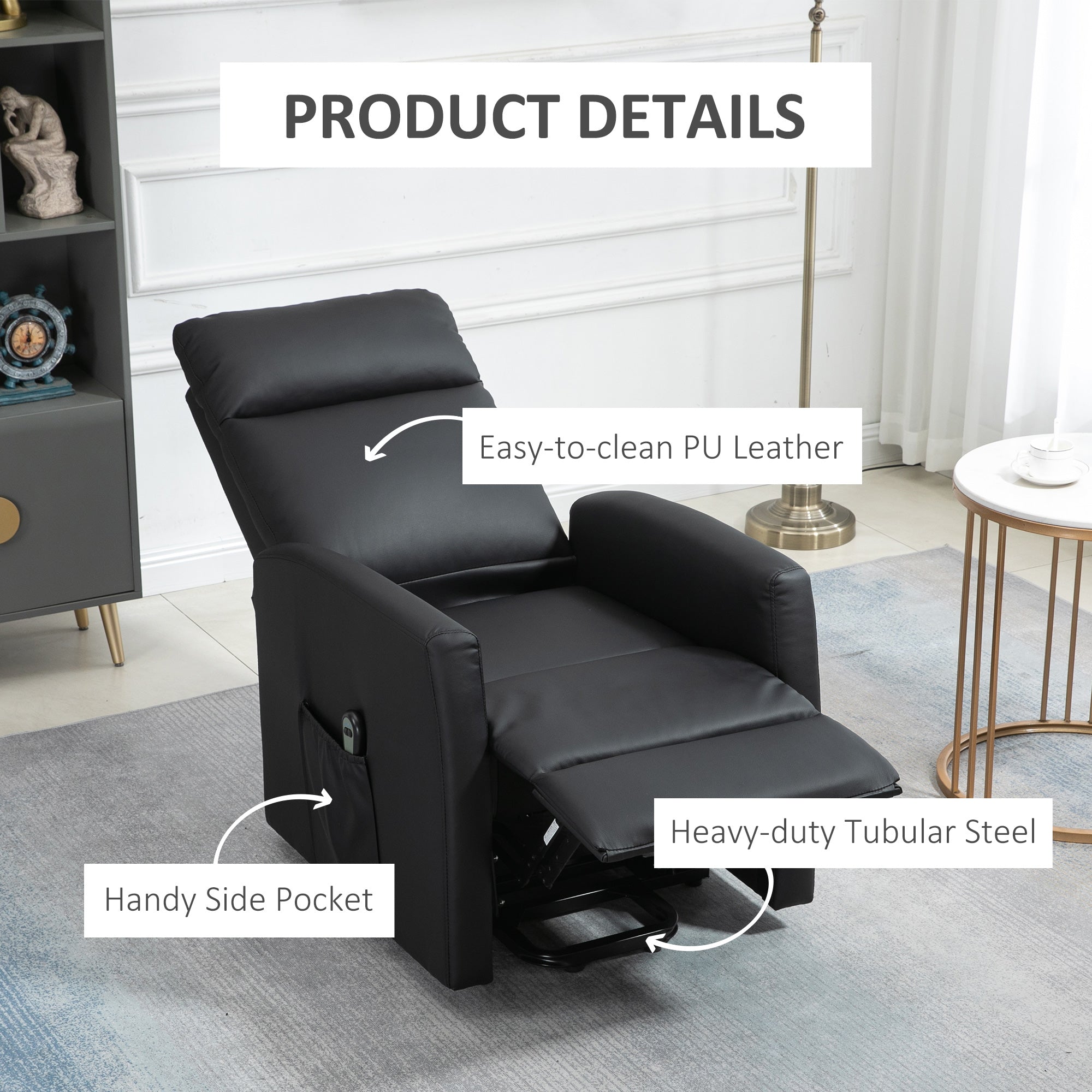 HOMCOM Electric Power Lift Chair for Elderly, PU Leather Power Reclining Chair for Living Room with Remote Control, Side Pocket, Black