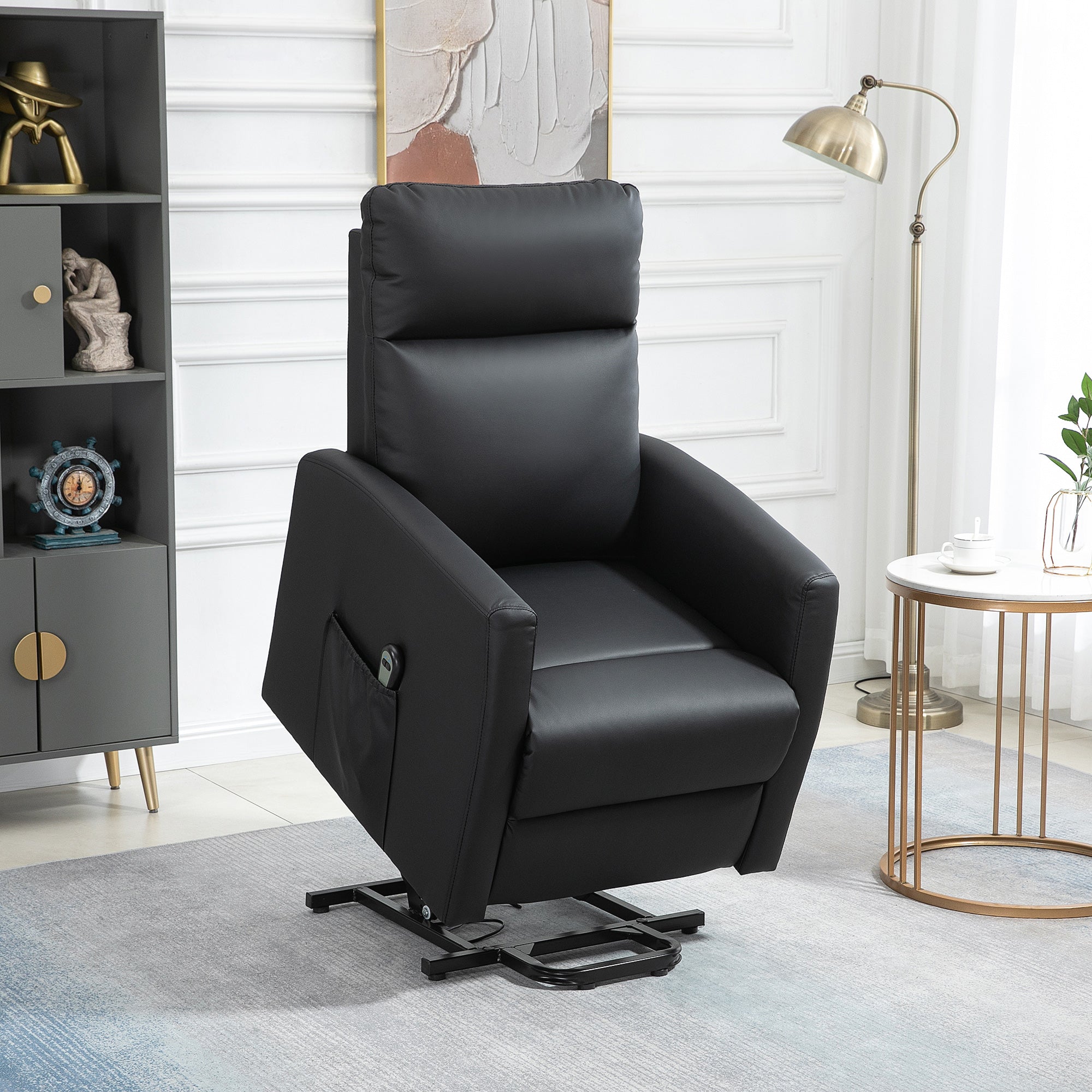 HOMCOM Electric Power Lift Chair for Elderly, PU Leather Power Reclining Chair for Living Room with Remote Control, Side Pocket, Black