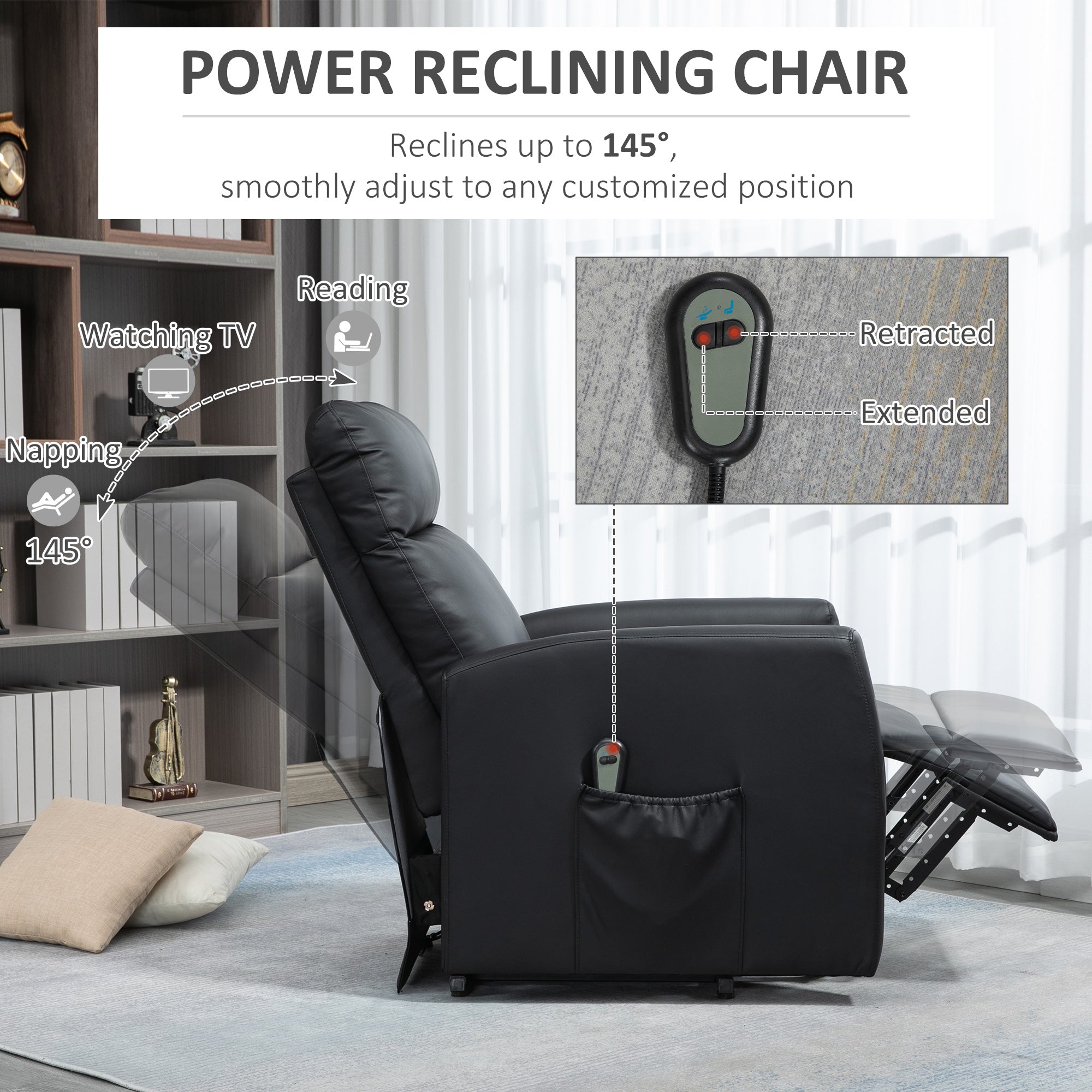 HOMCOM Electric Power Lift Chair for Elderly, PU Leather Power Reclining Chair for Living Room with Remote Control, Side Pocket, Black