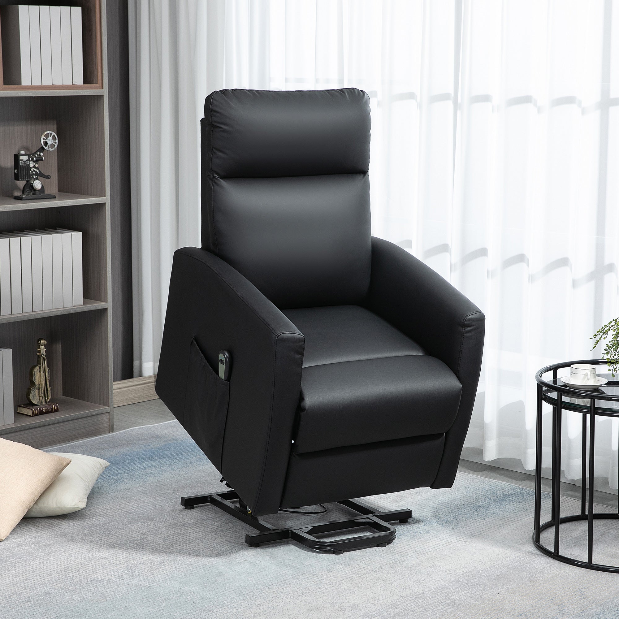 HOMCOM Electric Power Lift Chair for Elderly, PU Leather Power Reclining Chair for Living Room with Remote Control, Side Pocket, Black