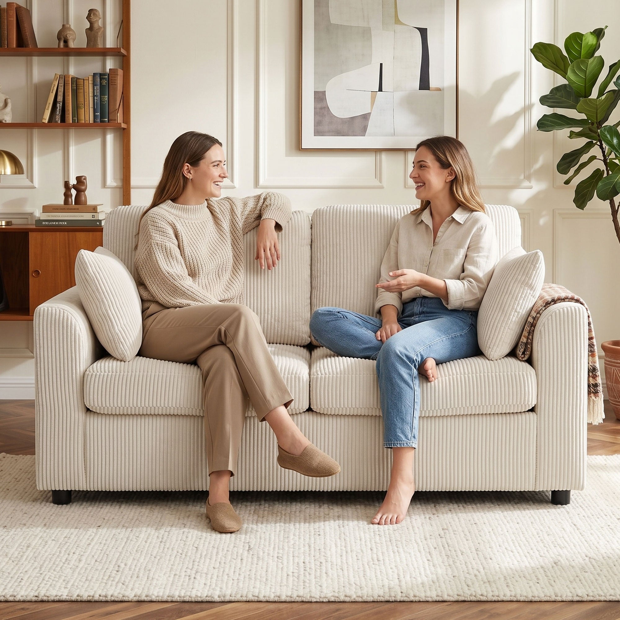 2 Seater Sofa, 144cm Corduroy Small Couch with Spring Cushion, Wide and Deep Seat, Plush Backrest, 2 Pillows, Loveseat Sofa Settee for Small Space, Living Room, Bedroom, Home Office, Beige