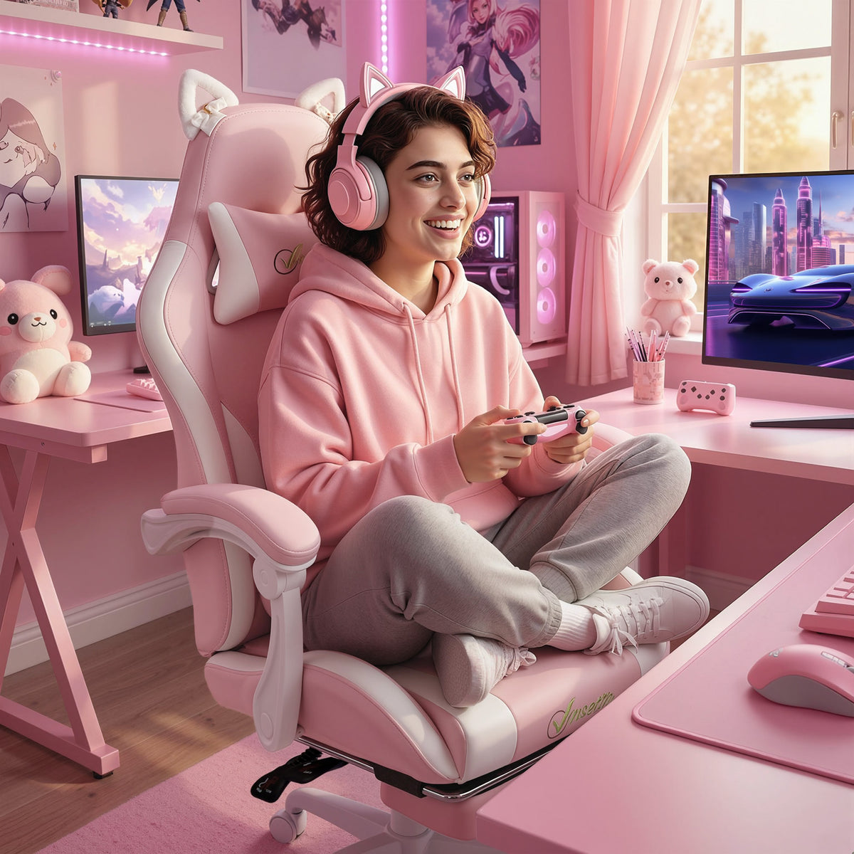 Cute Gaming Chair with Cat Ears, Ergonomic Gamer Computer Chair with Lumbar Support, Footrest, Headrest, High Back, Reclining, Swivel, Faux Leather for Office, Women, Pink