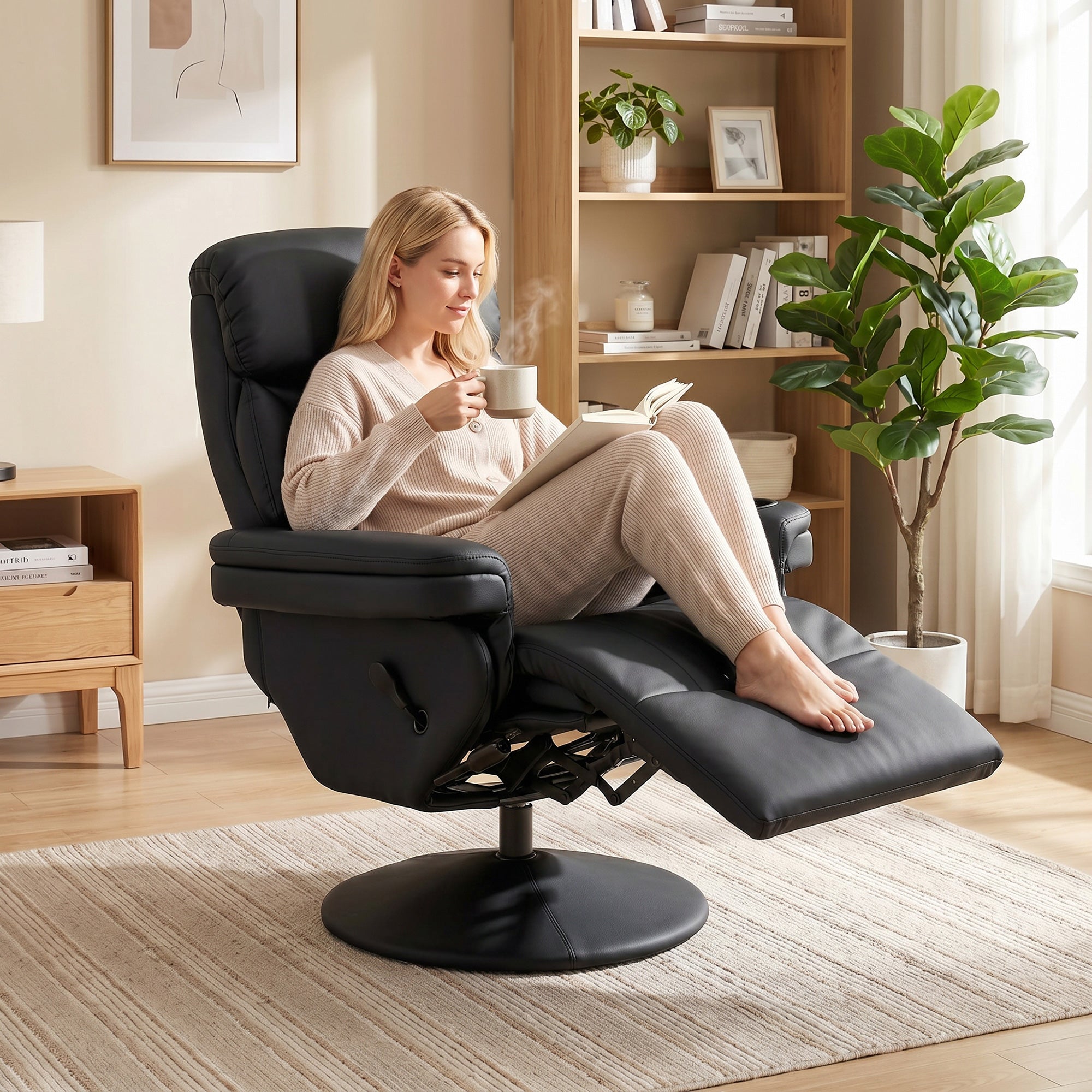 Manual Recliner Chair with Footrest, Upholstered Reclining Armchair with Adjustable Backrest and Cup Holder, PU Leather Swivel Chair for Living Room, Bedroom, Black