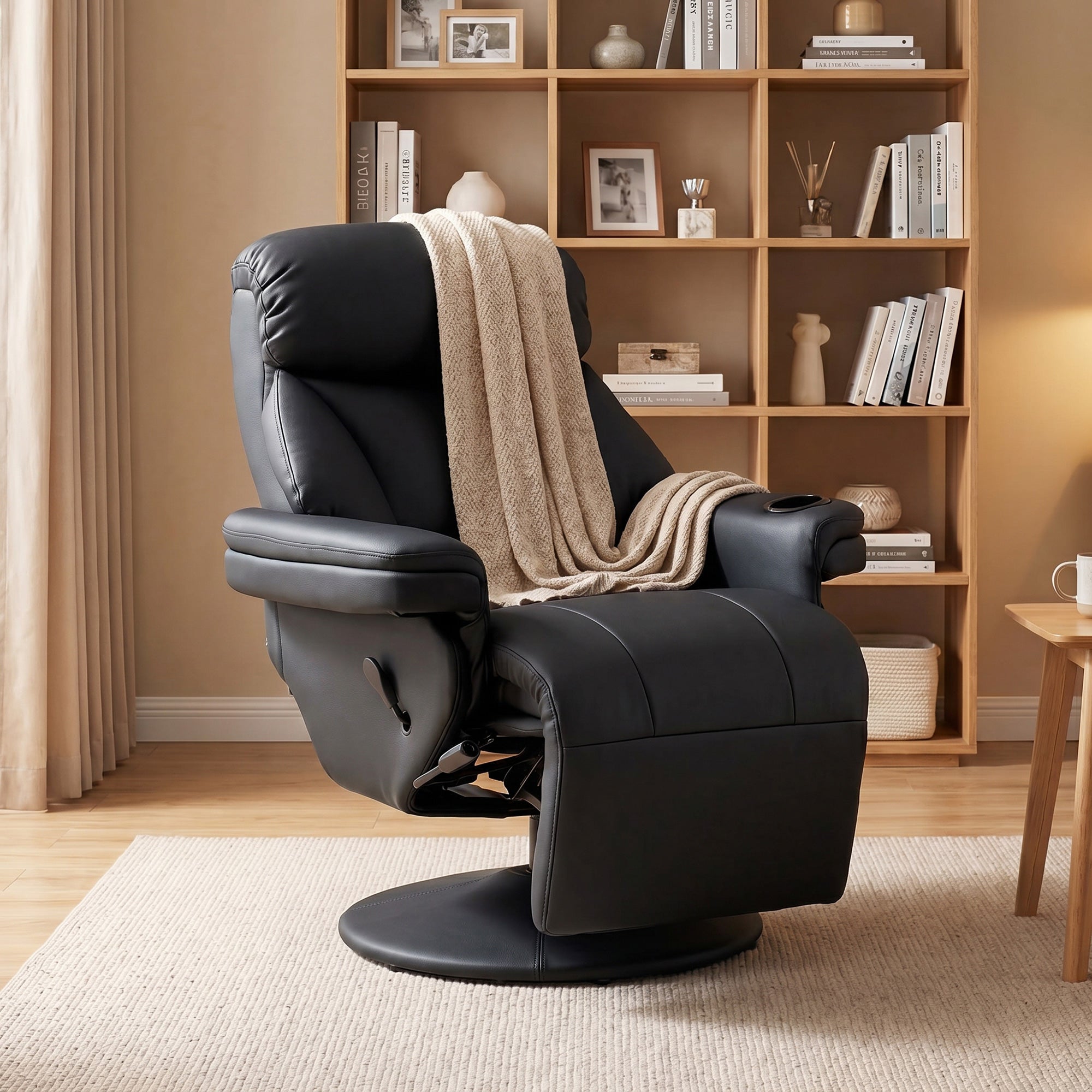 Manual Recliner Chair with Footrest, Upholstered Reclining Armchair with Adjustable Backrest and Cup Holder, PU Leather Swivel Chair for Living Room, Bedroom, Black