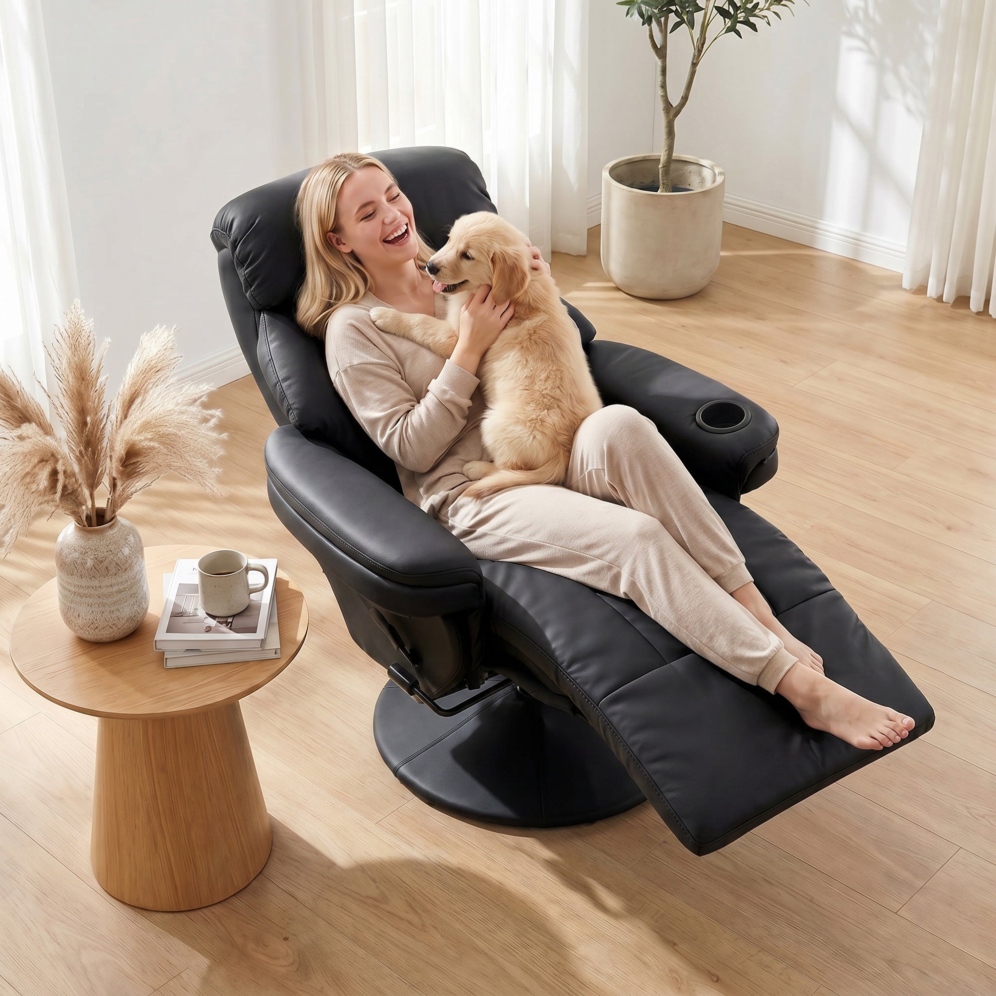 Manual Recliner Chair with Footrest, Upholstered Reclining Armchair with Adjustable Backrest and Cup Holder, PU Leather Swivel Chair for Living Room, Bedroom, Black