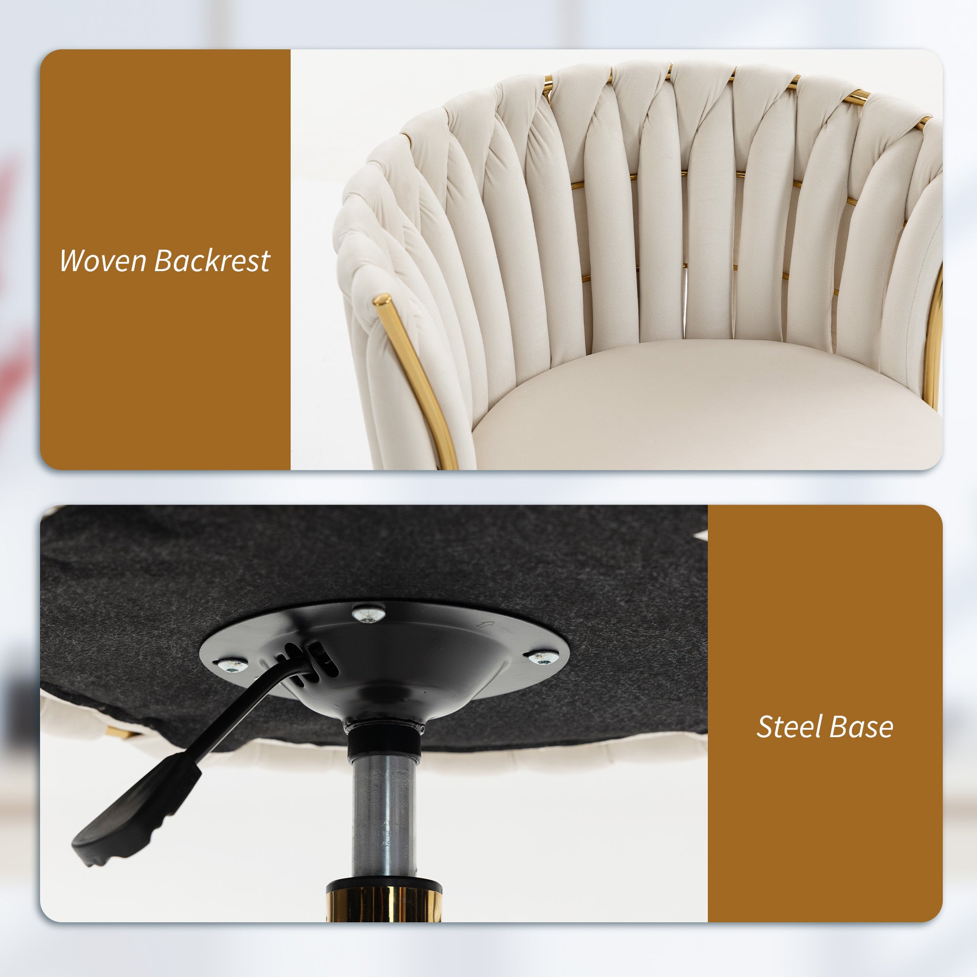 Modern Office Chair, Velvet-feel Fabric Swivel Vanity Chair with Woven Back, Adjustable Height, Rolling Wheels for Makeup, Cream White