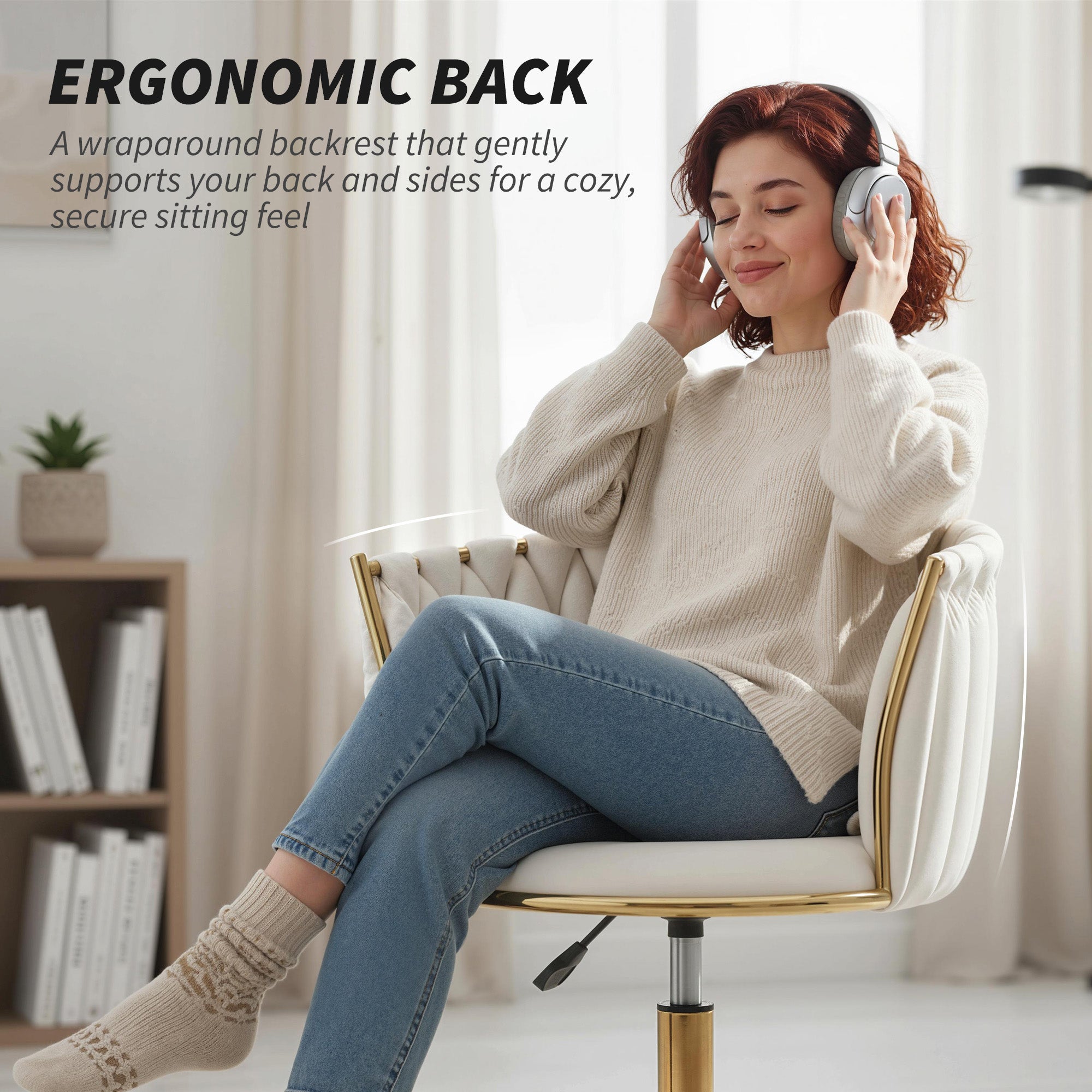 Modern Office Chair, Velvet-feel Fabric Swivel Vanity Chair with Woven Back, Adjustable Height, Rolling Wheels for Makeup, Cream White