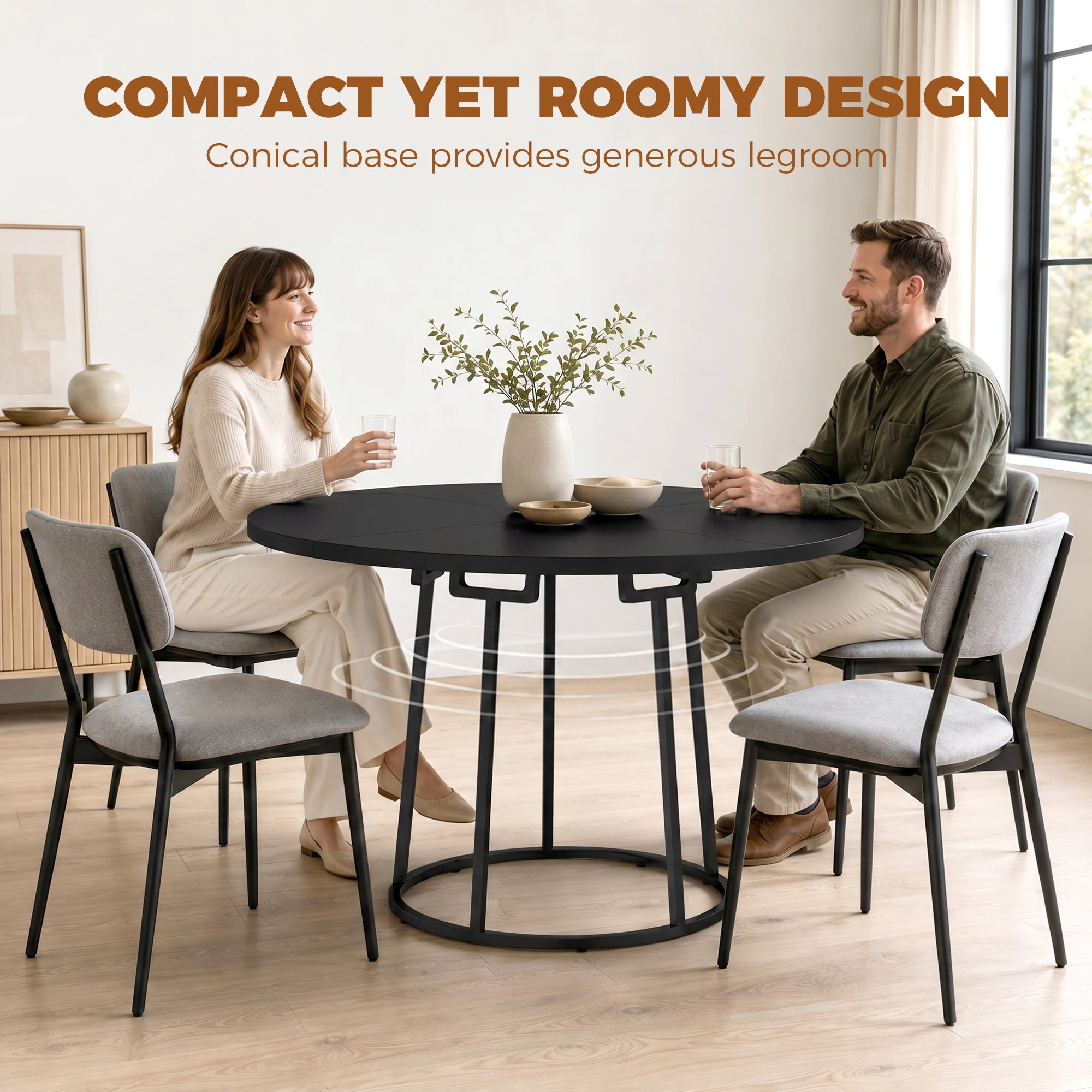 Modern Industrial Dining Table for 4-6 People, 120 cm Round Kitchen Table with Spliced Top and Conical Metal Base for Dining Room, Kitchen, Living Room, Black