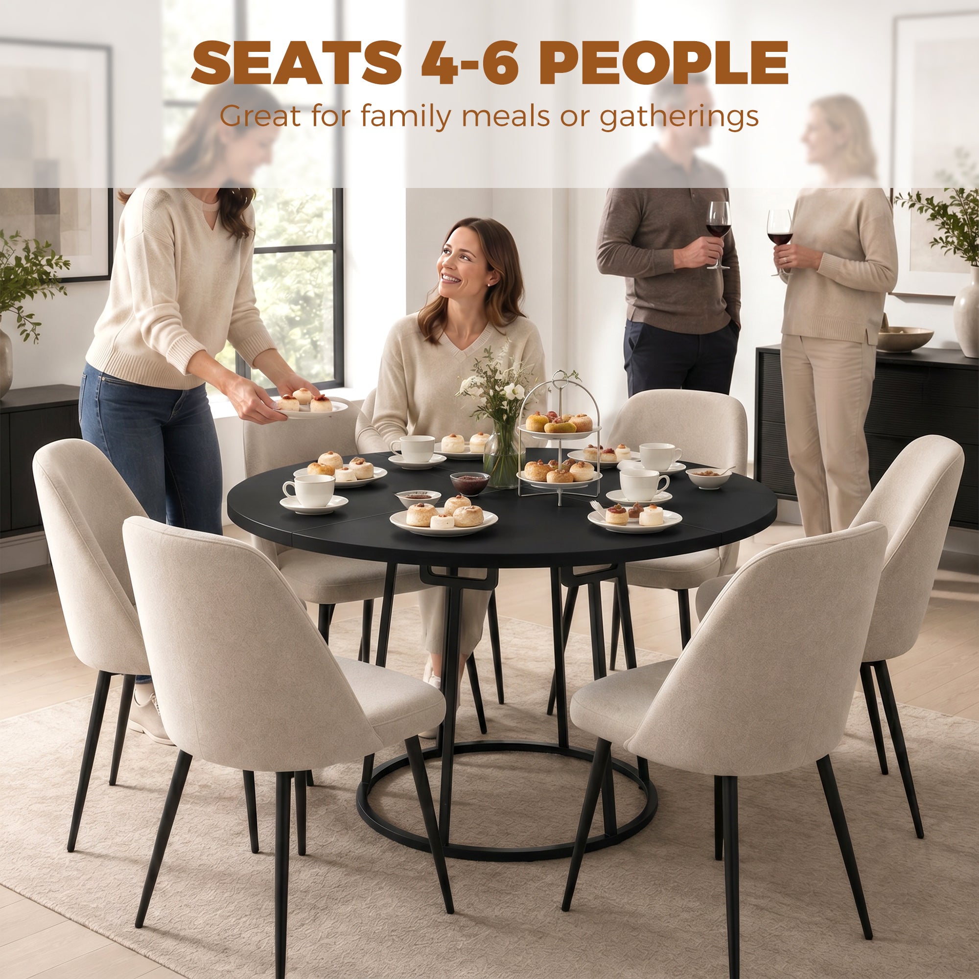 Modern Industrial Dining Table for 4-6 People, 120 cm Round Kitchen Table with Spliced Top and Conical Metal Base for Dining Room, Kitchen, Living Room, Black