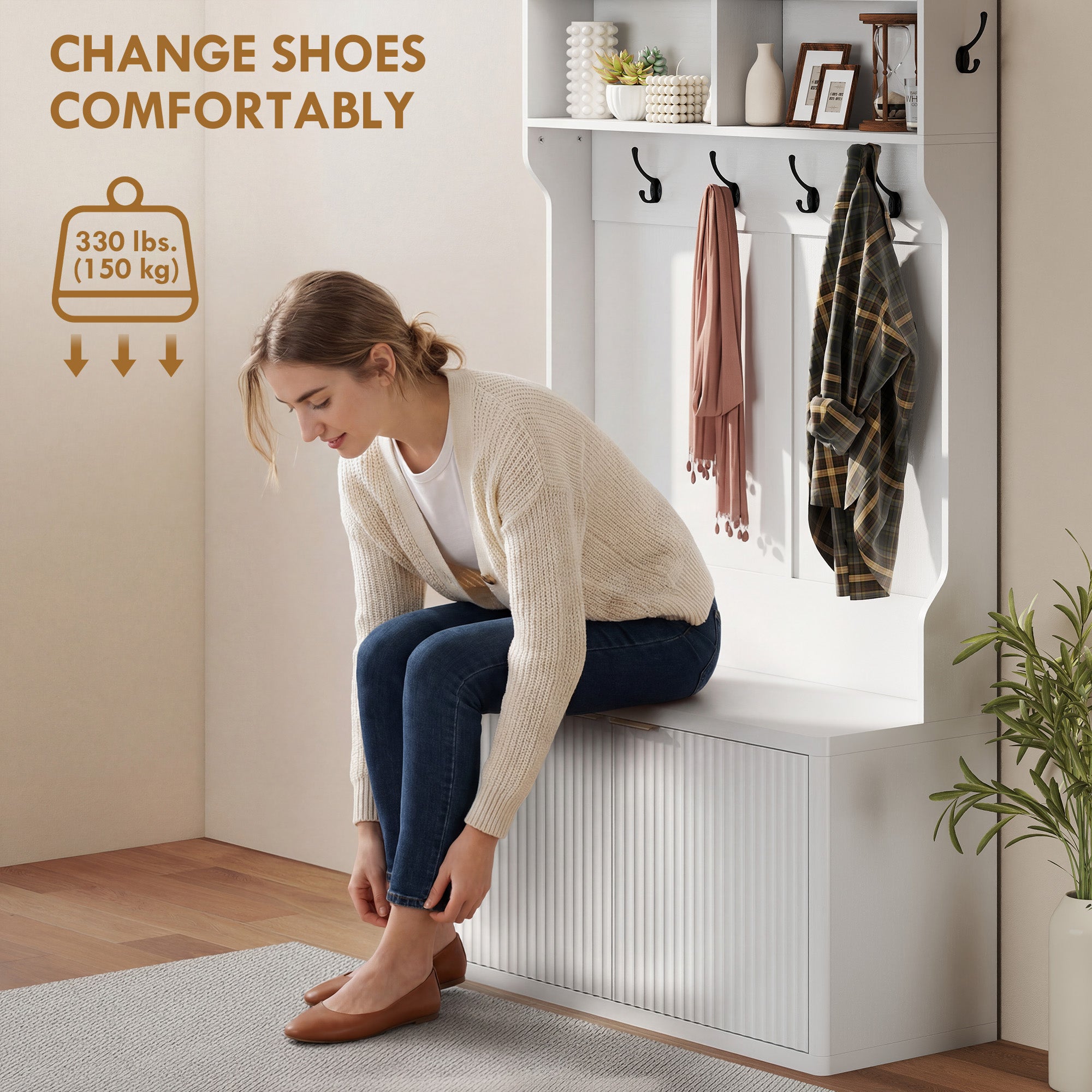 4-In-1 Hall Tree with Shoe Bench, Modern Coat Rack with Shoe Rack and Open Shelf for Hallway, Entryway, Bedroom, Living Room, White