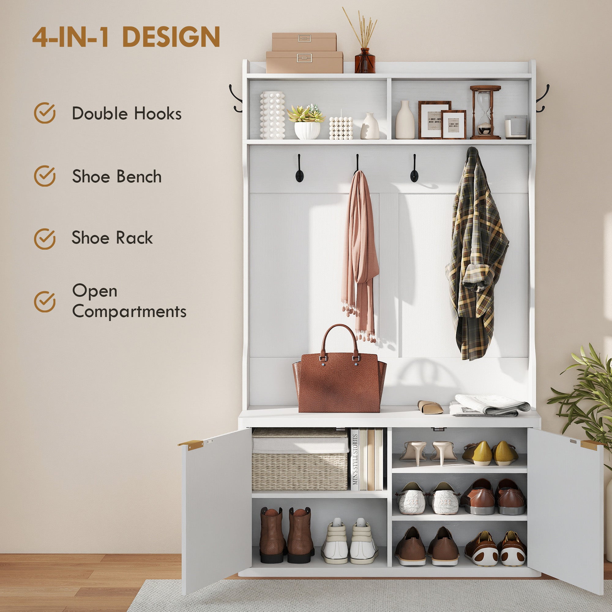 4-In-1 Hall Tree with Shoe Bench, Modern Coat Rack with Shoe Rack and Open Shelf for Hallway, Entryway, Bedroom, Living Room, White