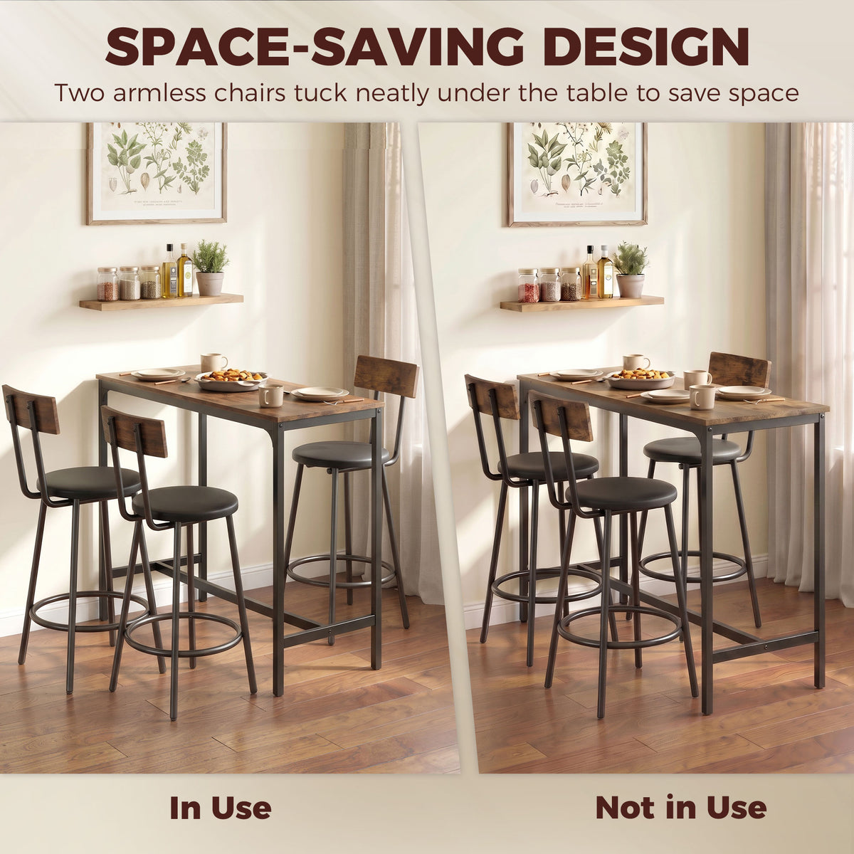 4 Piece Counter Height Bar Table Set, Kitchen Dining Table with 3 Upholstered Stools, Footrests, Space-Saving Pub Table & Chairs for Dining Room,  Living Room, Rustic Brown
