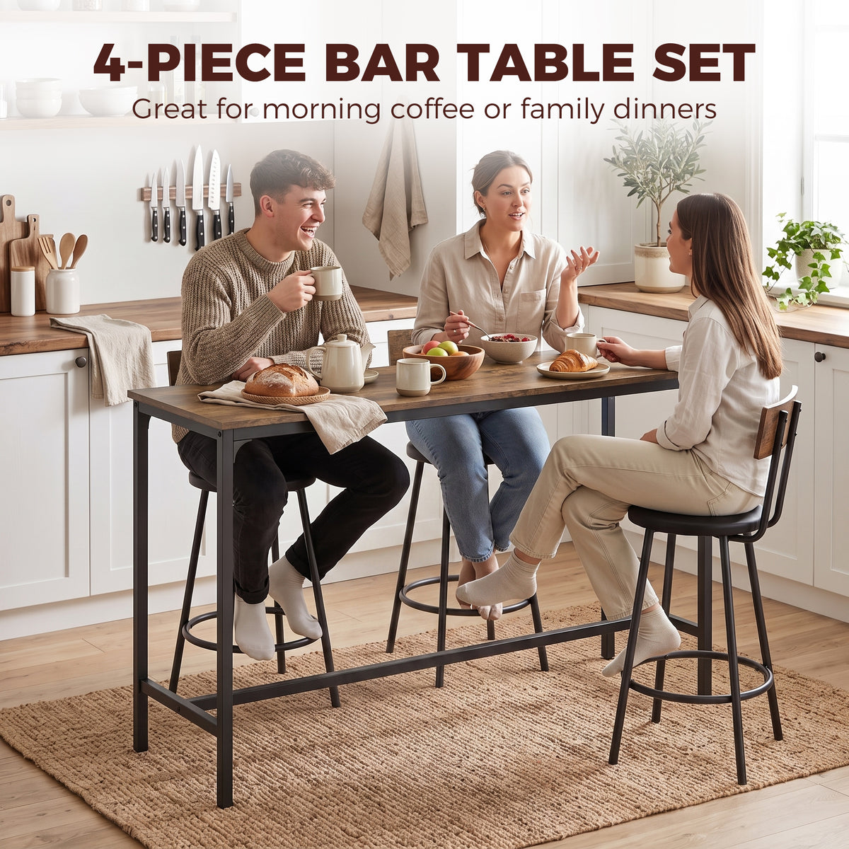 4 Piece Counter Height Bar Table Set, Kitchen Dining Table with 3 Upholstered Stools, Footrests, Space-Saving Pub Table & Chairs for Dining Room,  Living Room, Rustic Brown