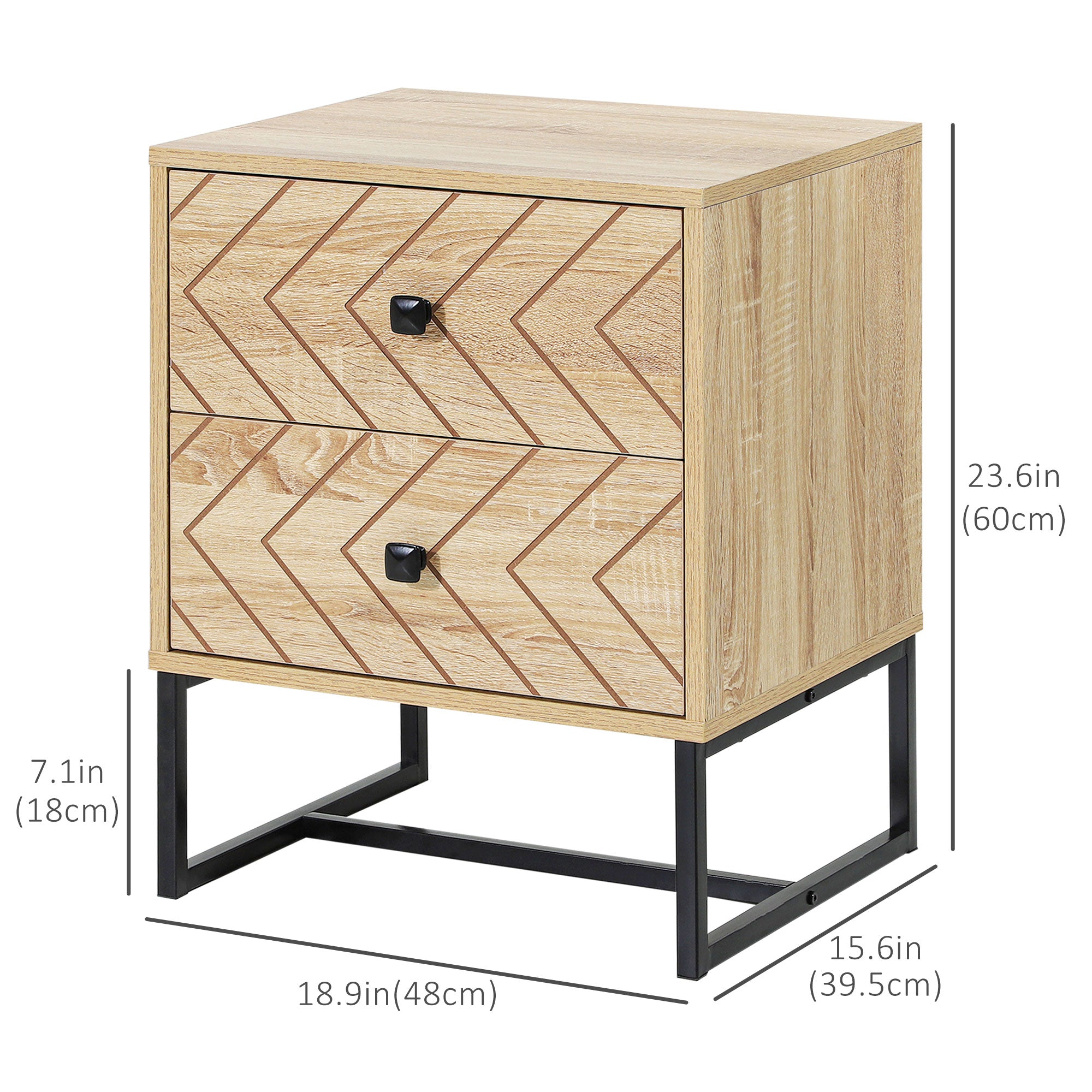 HOMCOM Nightstand, Bedside Table with 2 Drawers, Side End Table with Metal Legs for Bedroom, Zig Zag Design, Natural