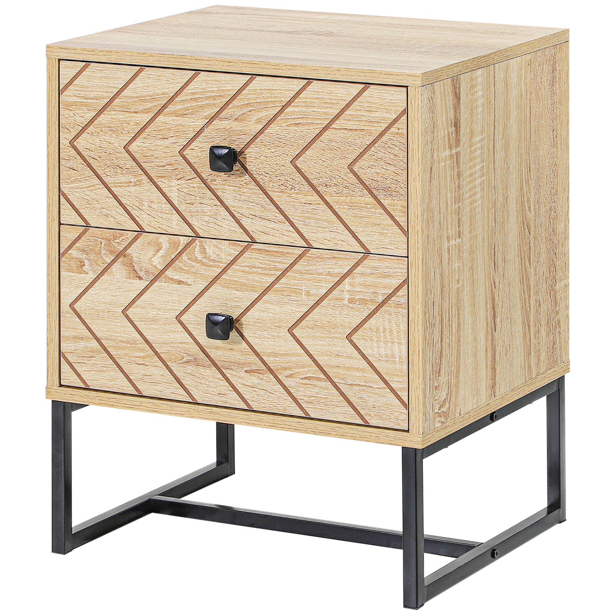 HOMCOM Nightstand, Bedside Table with 2 Drawers, Side End Table with Metal Legs for Bedroom, Zig Zag Design, Natural