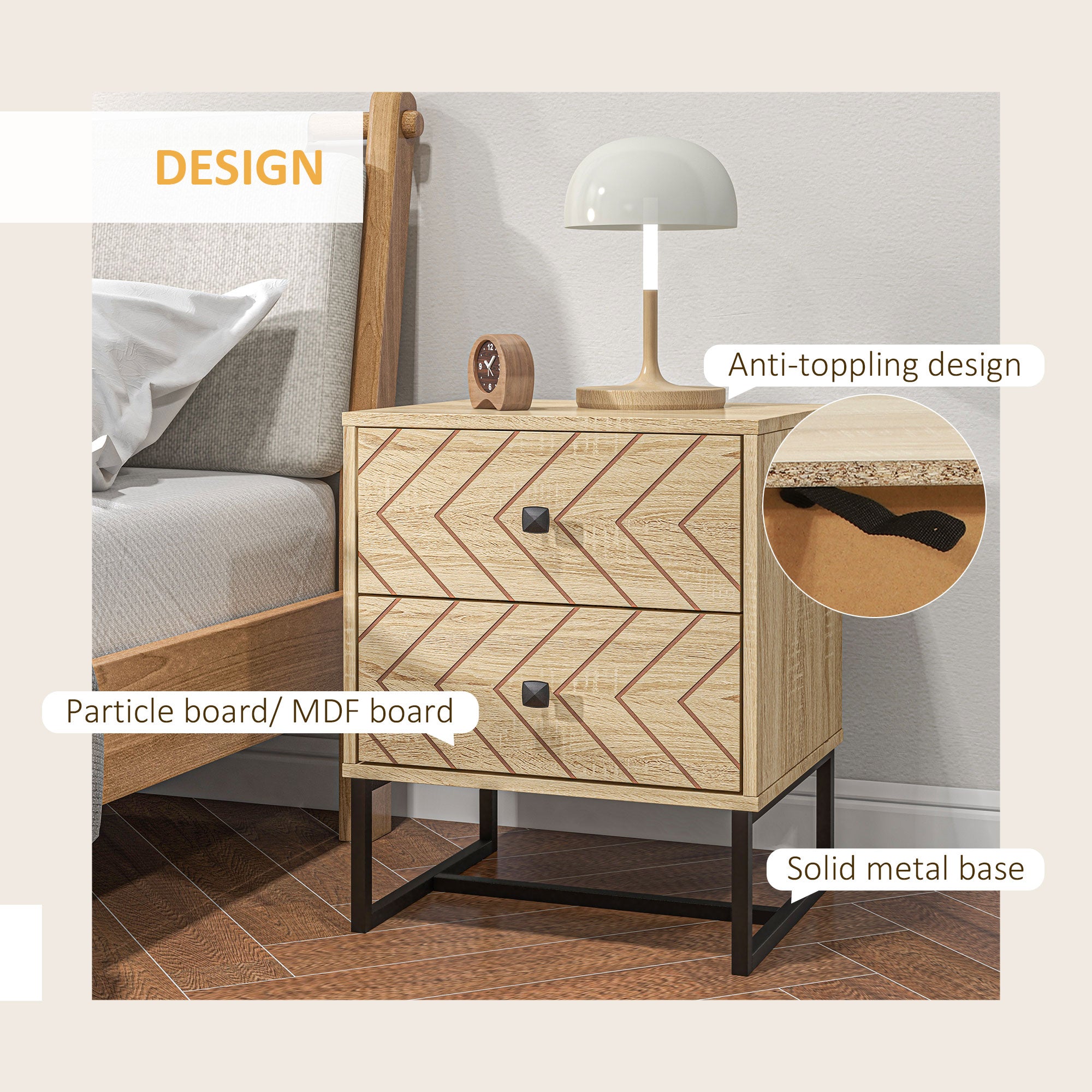 HOMCOM Nightstand, Bedside Table with 2 Drawers, Side End Table with Metal Legs for Bedroom, Zig Zag Design, Natural