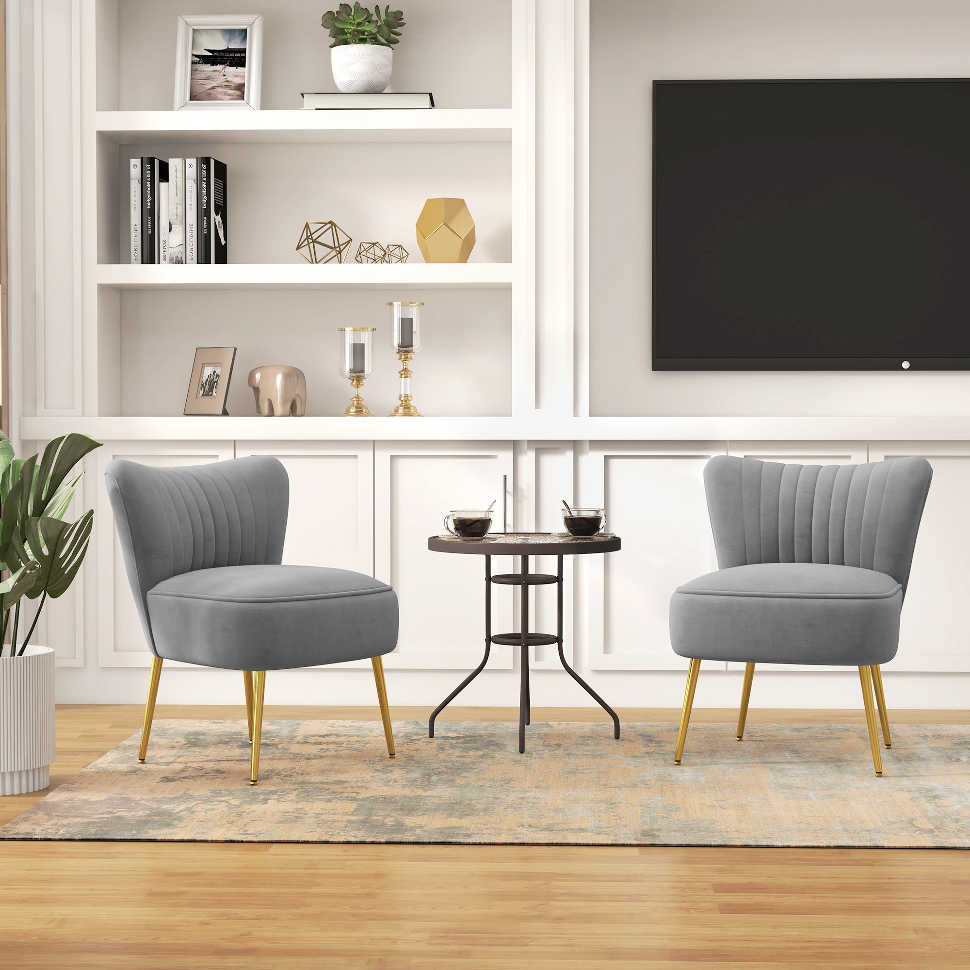HOMCOM Modern Armless Accent Chairs Set of 2, Upholstered Slipper Chairs for Bedroom, Velvet Wingback Living Room Chairs with Gold Steel Legs and Tufted Back, Grey