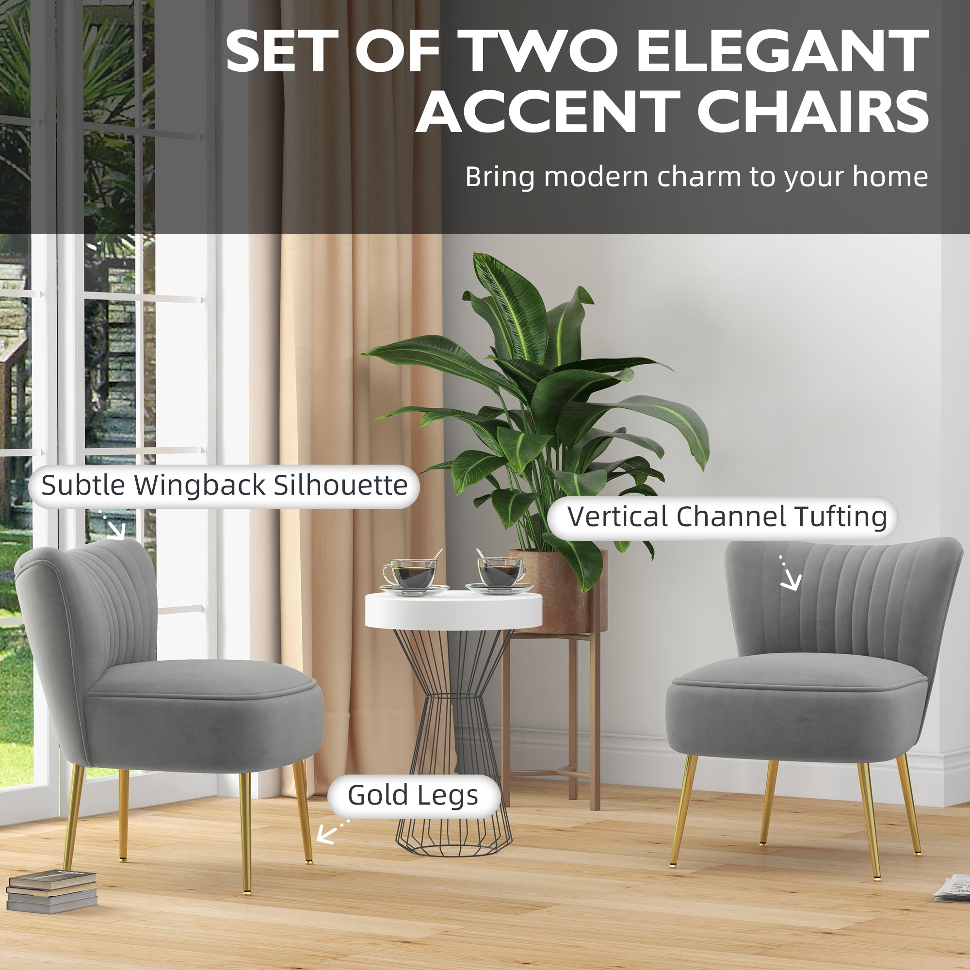 HOMCOM Modern Armless Accent Chairs Set of 2, Upholstered Slipper Chairs for Bedroom, Velvet Wingback Living Room Chairs with Gold Steel Legs and Tufted Back, Grey