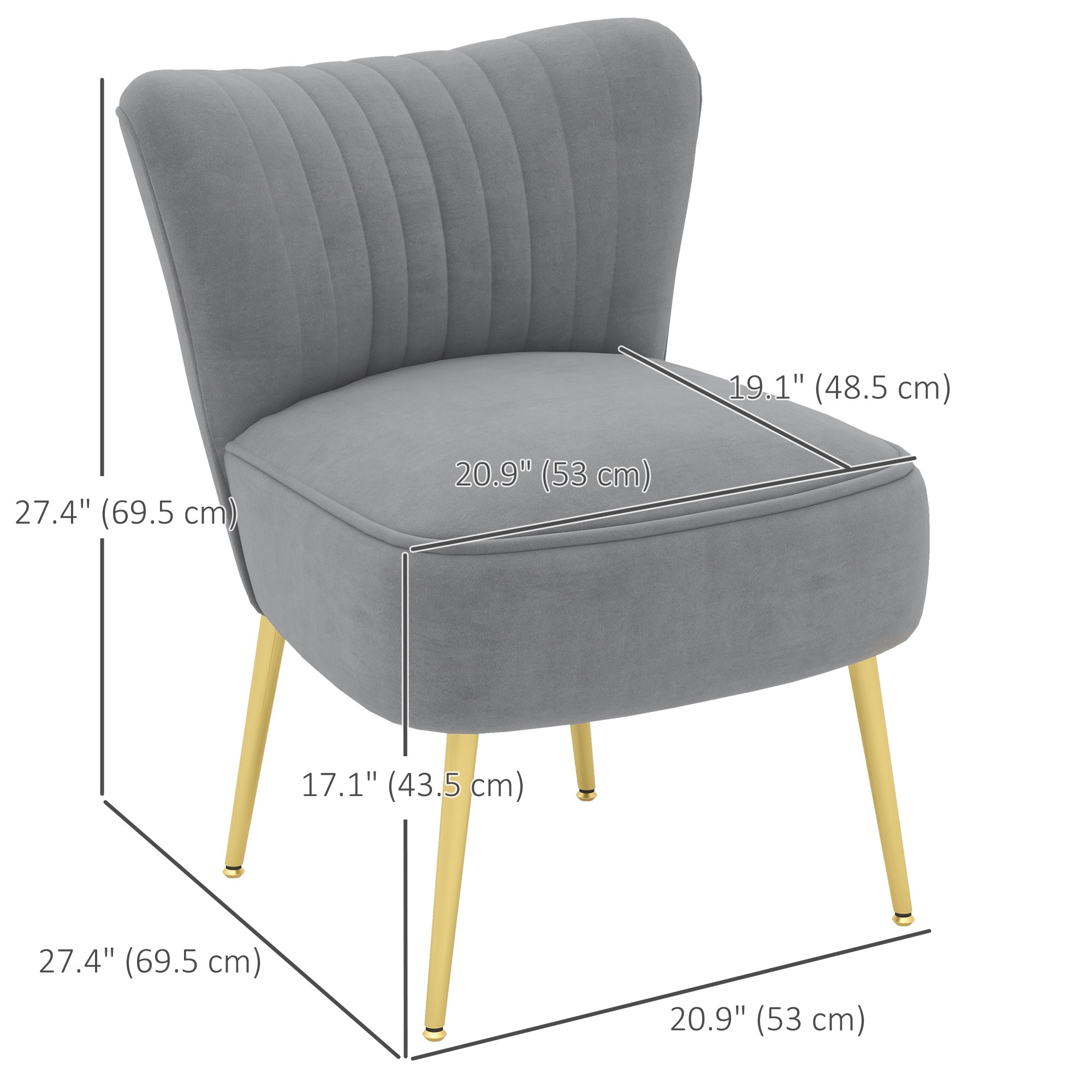 HOMCOM Modern Armless Accent Chairs Set of 2, Upholstered Slipper Chairs for Bedroom, Velvet Wingback Living Room Chairs with Gold Steel Legs and Tufted Back, Grey