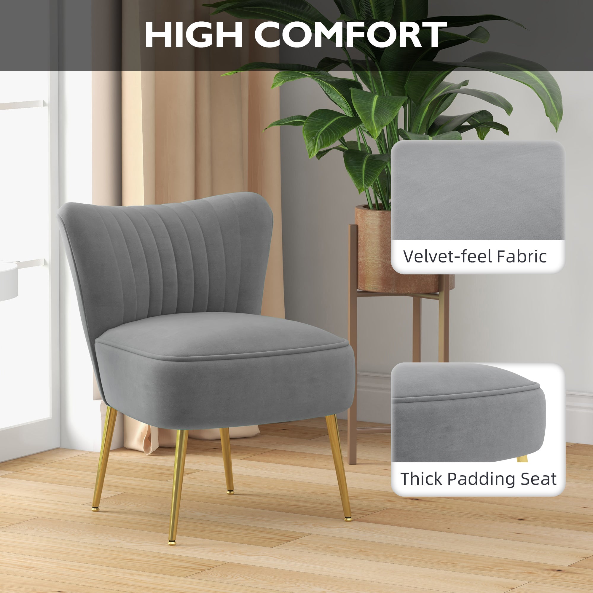 HOMCOM Modern Armless Accent Chairs Set of 2, Upholstered Slipper Chairs for Bedroom, Velvet Wingback Living Room Chairs with Gold Steel Legs and Tufted Back, Grey