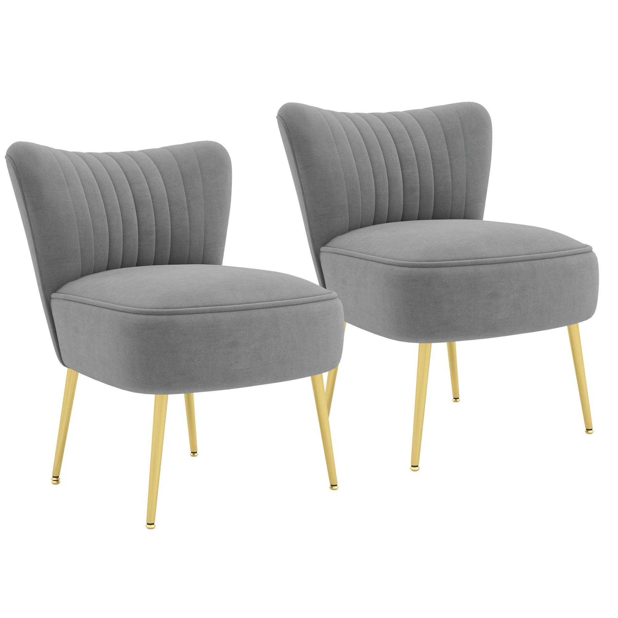 HOMCOM Modern Armless Accent Chairs Set of 2, Upholstered Slipper Chairs for Bedroom, Velvet Wingback Living Room Chairs with Gold Steel Legs and Tufted Back, Grey