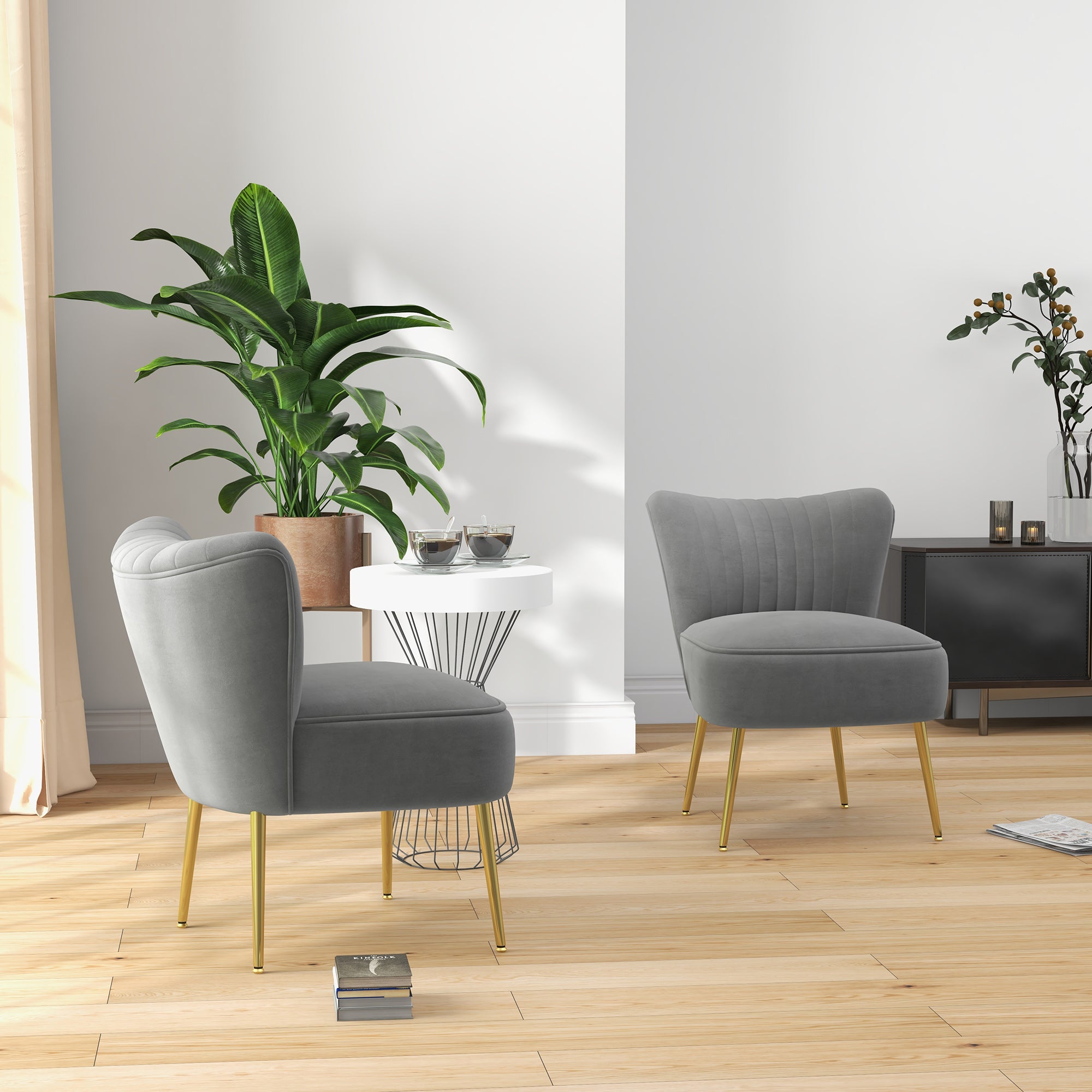 HOMCOM Modern Armless Accent Chairs Set of 2, Upholstered Slipper Chairs for Bedroom, Velvet Wingback Living Room Chairs with Gold Steel Legs and Tufted Back, Grey
