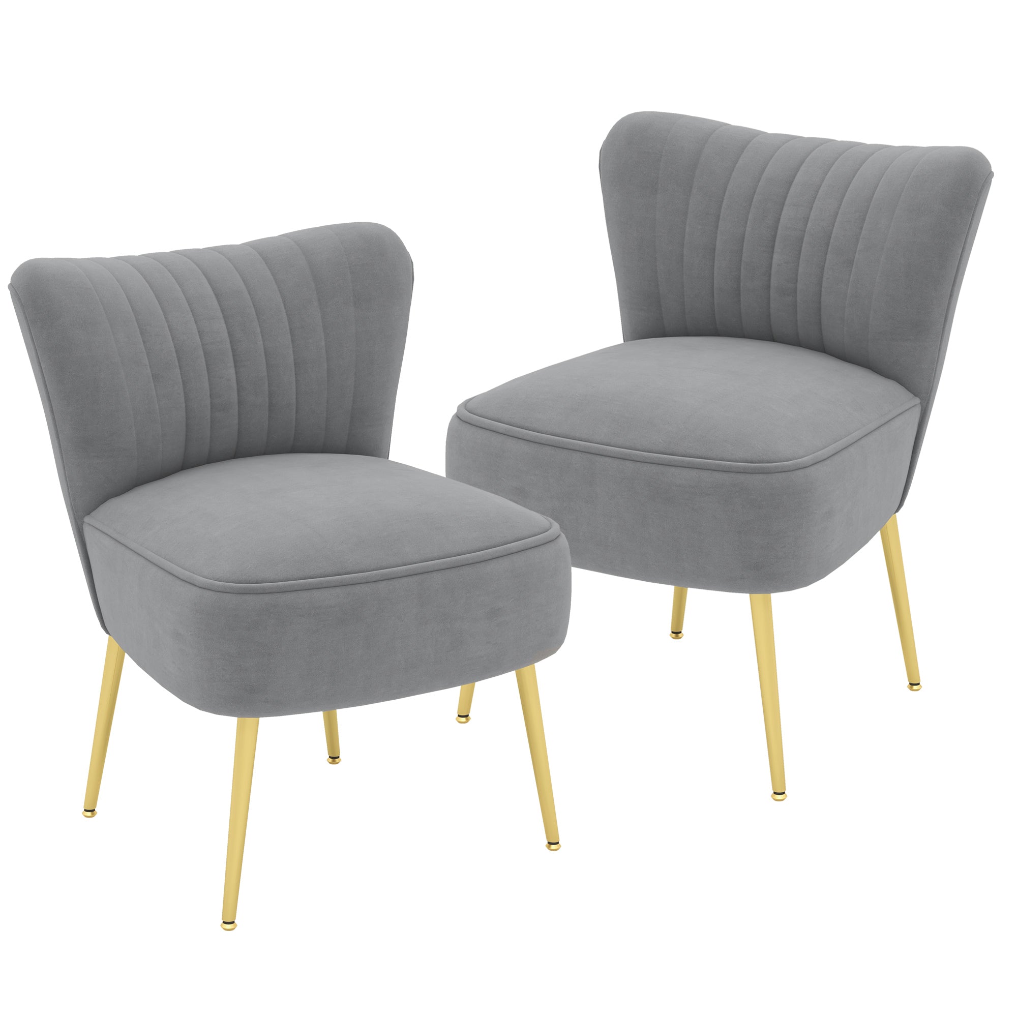 HOMCOM Modern Armless Accent Chairs Set of 2, Upholstered Slipper Chairs for Bedroom, Velvet Wingback Living Room Chairs with Gold Steel Legs and Tufted Back, Grey
